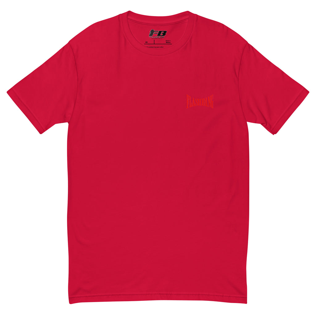 Forged in Fire Lite T-shirt featuring Spartan graphic, ideal for firefighters and those who embody strength and courage - Front View - Red with Flashbang Text