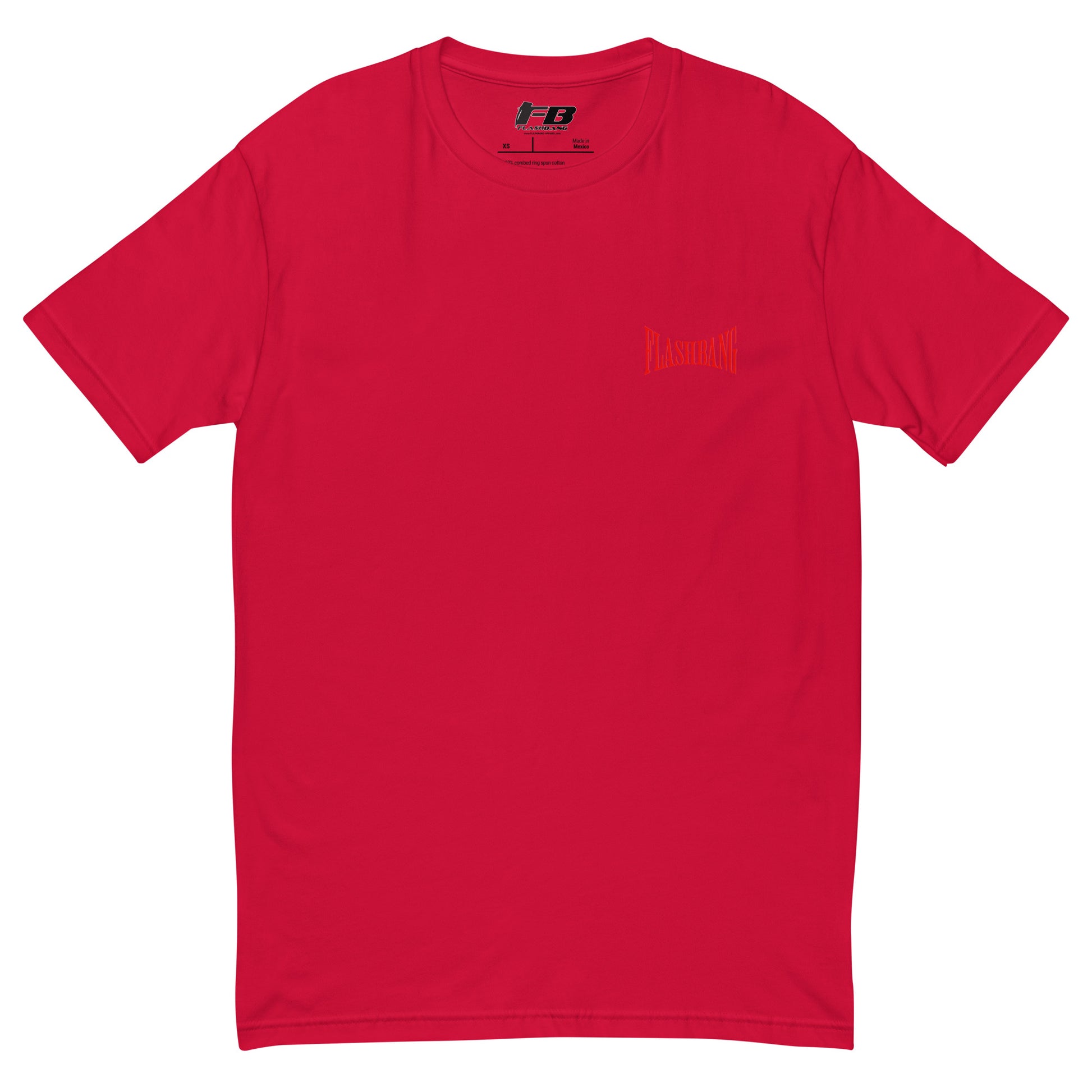 Forged in Fire Lite T-shirt featuring Spartan graphic, ideal for firefighters and those who embody strength and courage - Front View - Red with Flashbang Text