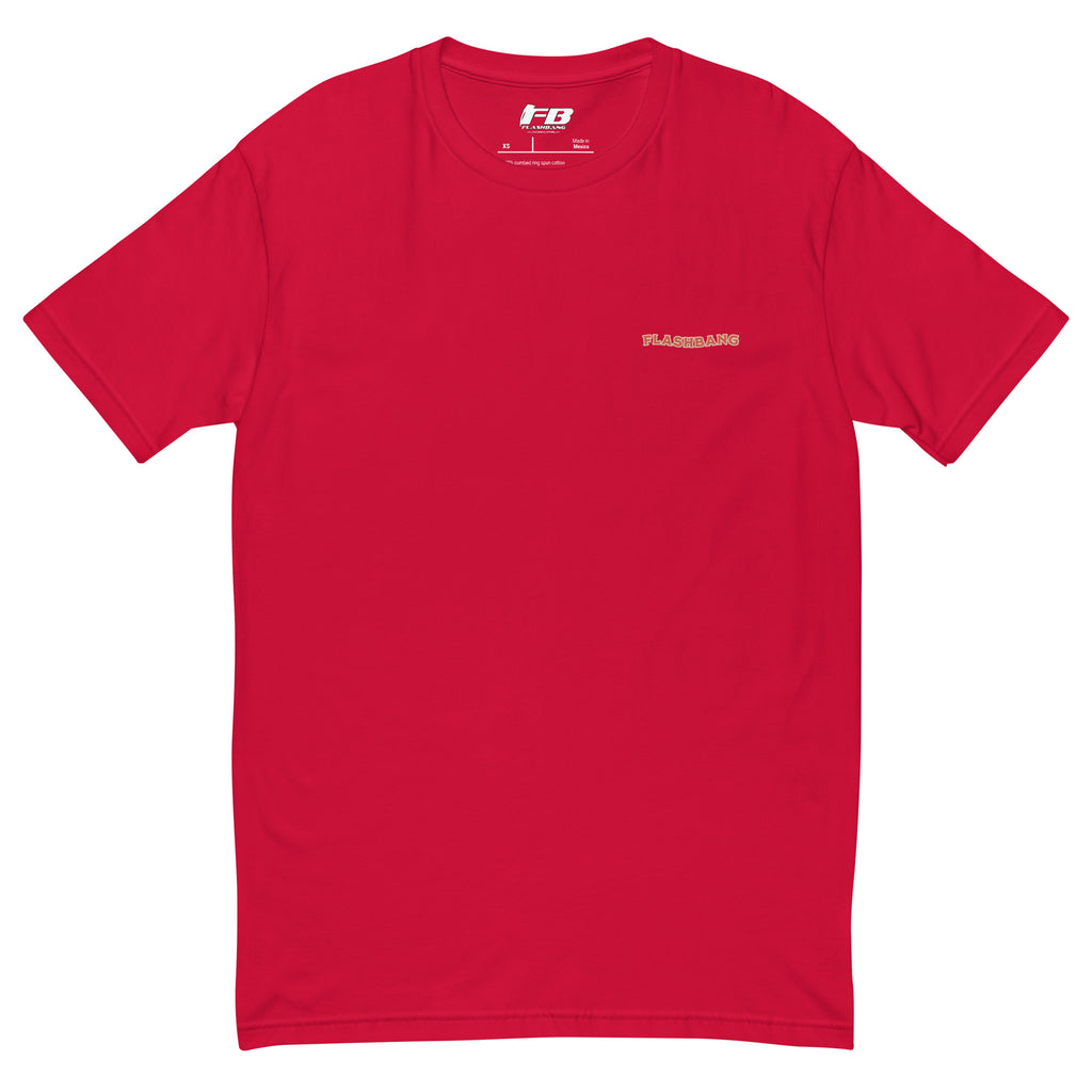 Wake Up Call T-shirt with bold cowboy-inspired western graphic design, rugged western style shirt for men - Front View - Red with Flashbang Text