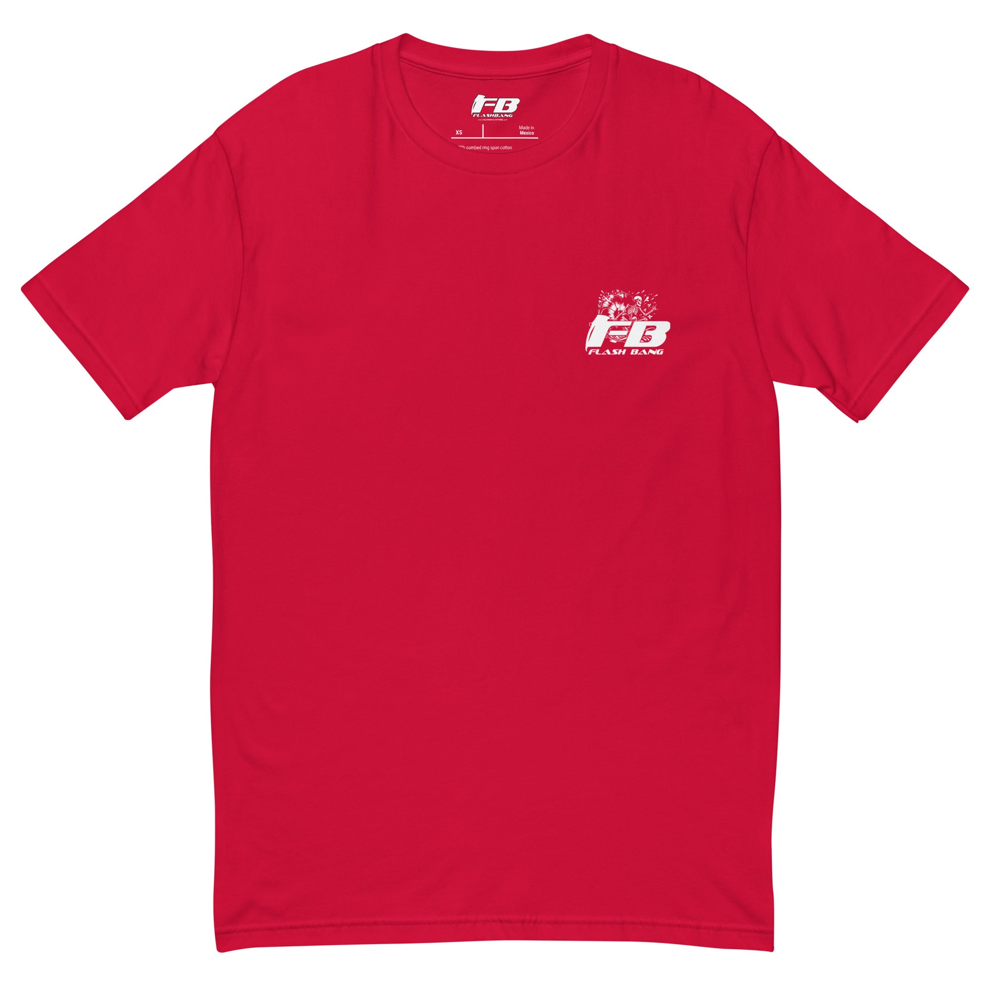 Red t-shirt with a small logo on the chest against a white background