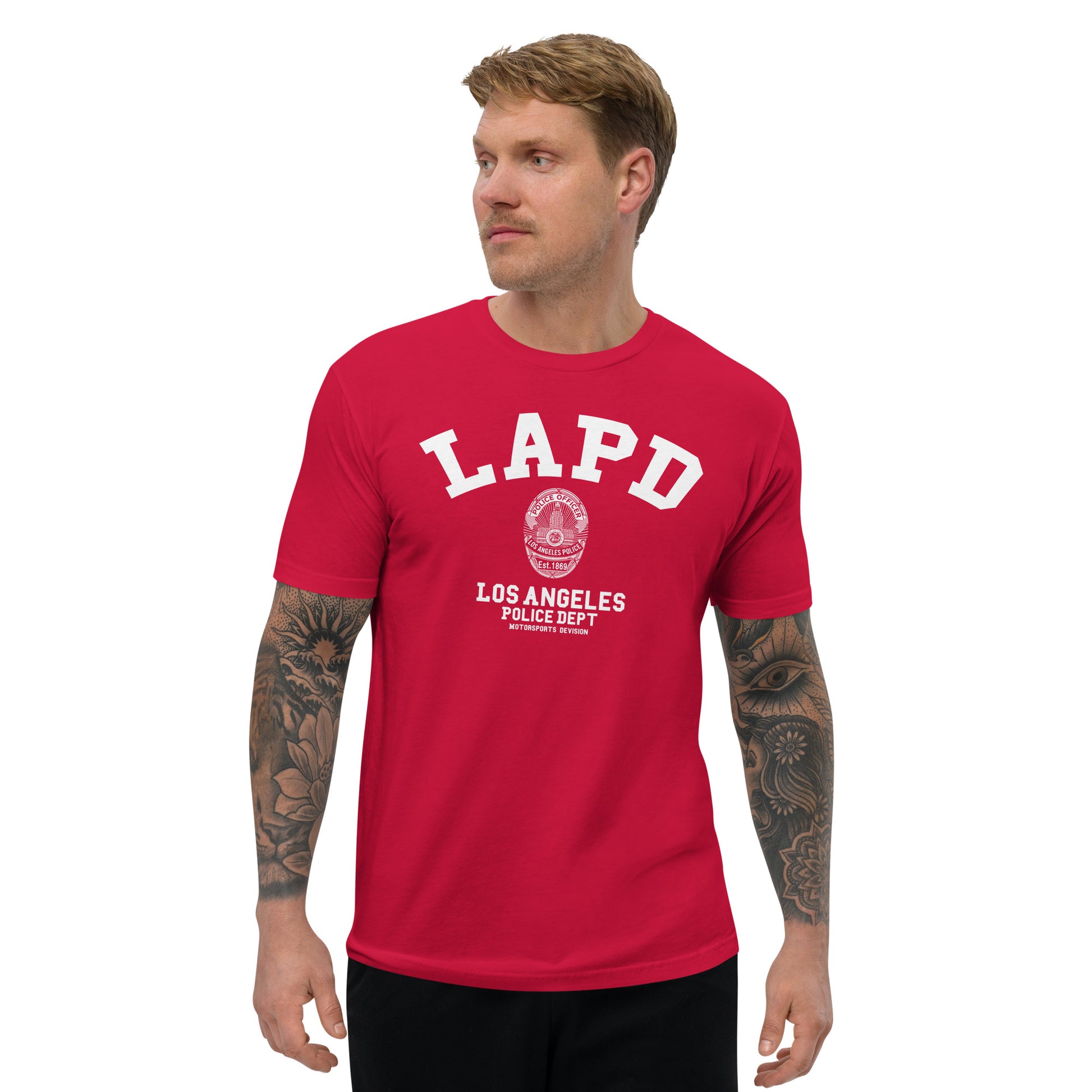 Man wearing a red LAPD t-shirt on a white background