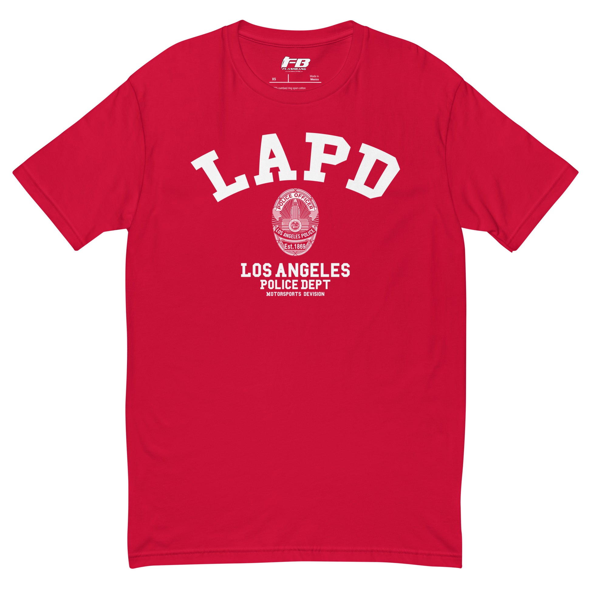 Red t-shirt with LAPD Los Angeles Police Dept logo on a white background