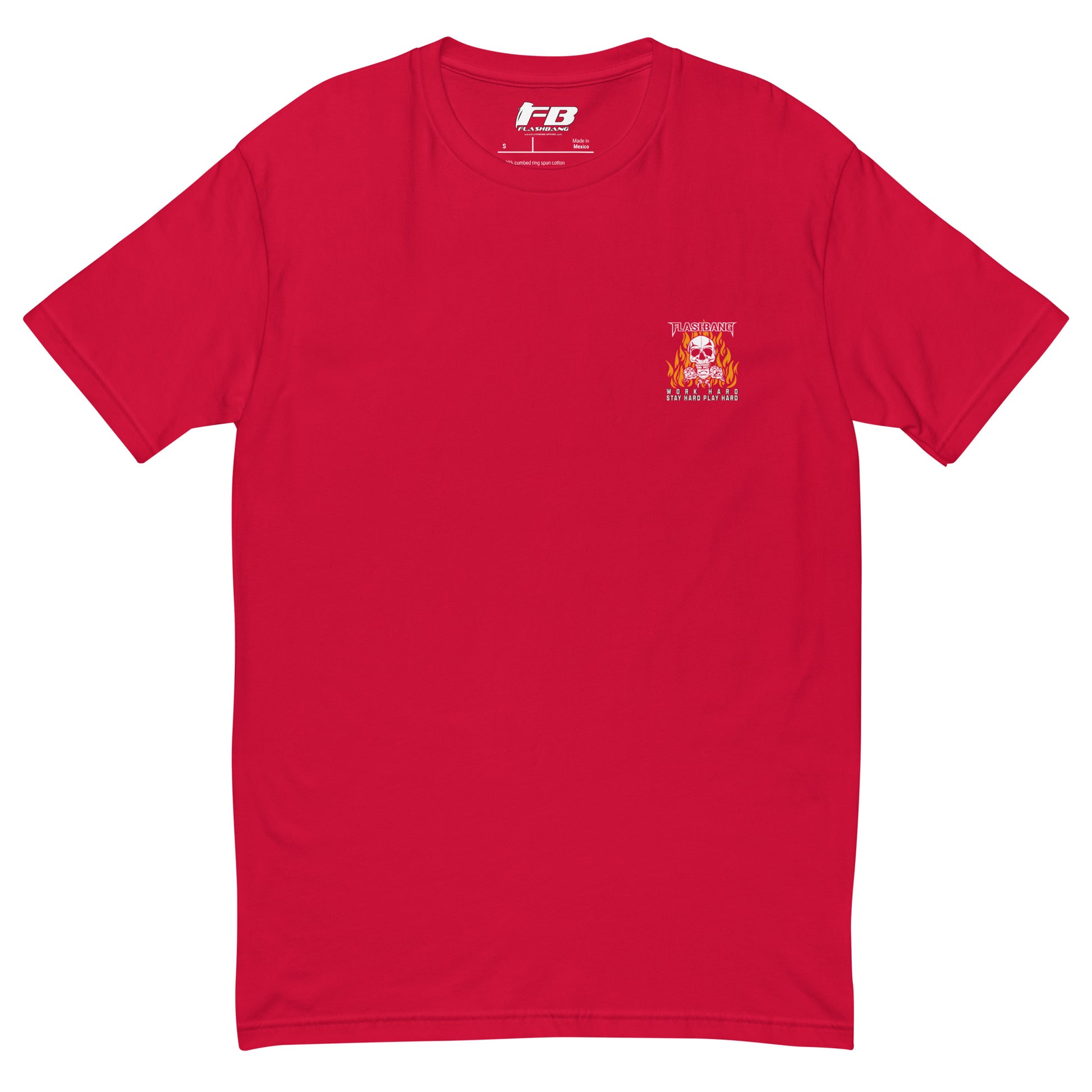 Red t-shirt with a small logo on the chest against a white background