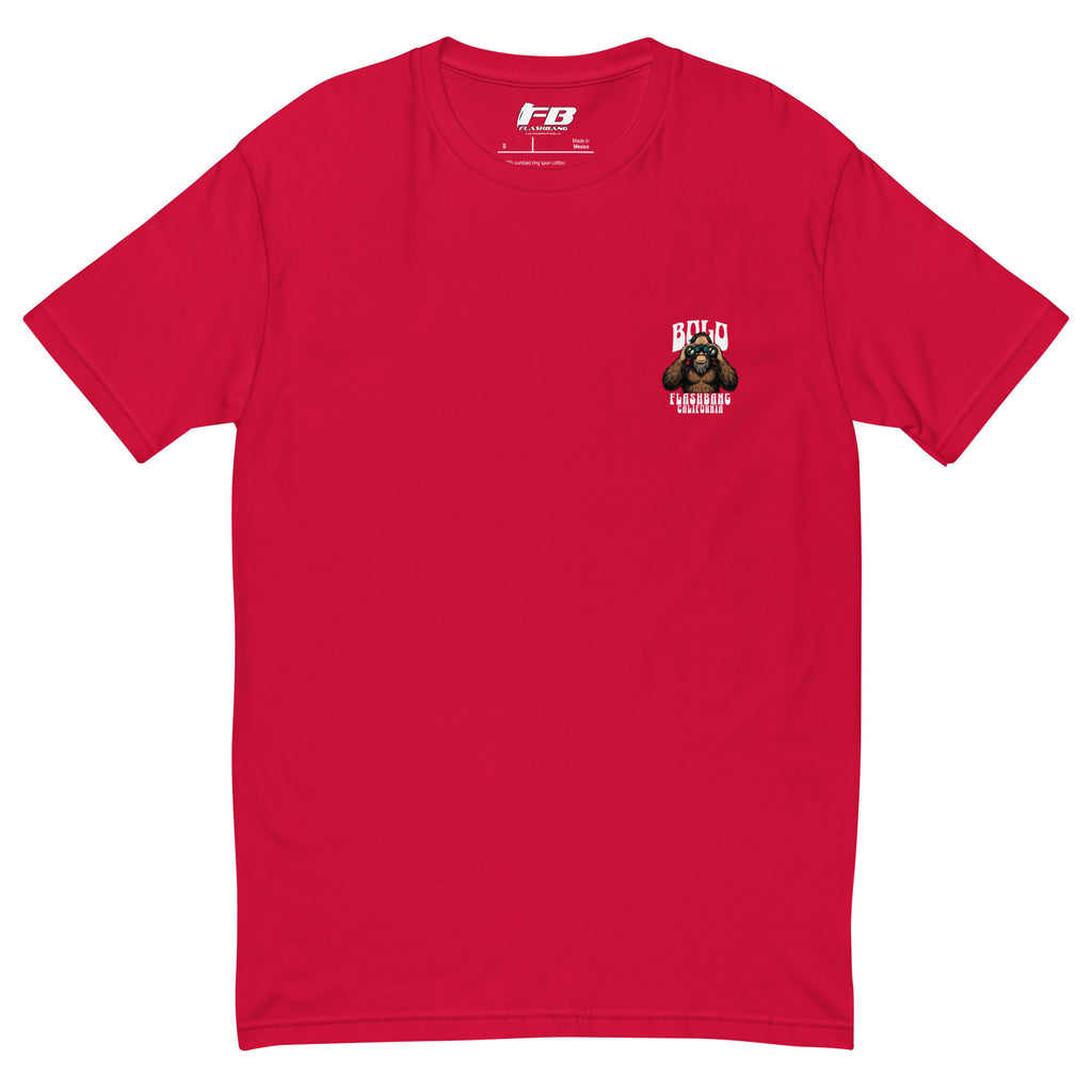 Red t-shirt with a small logo on the chest against a white background