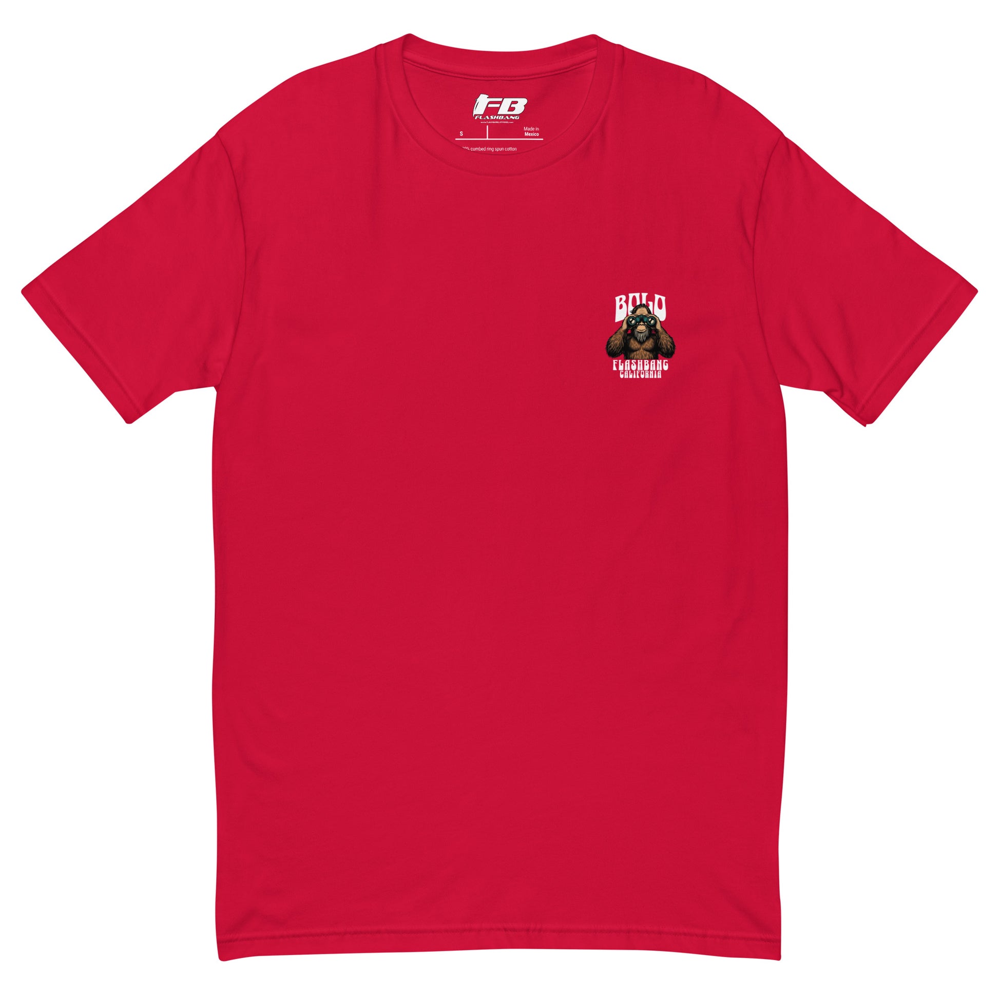 Red t-shirt with a small logo on the chest against a white background