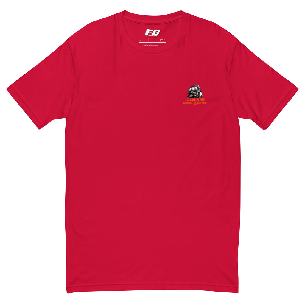 Red t-shirt with a small logo on the chest against a white background