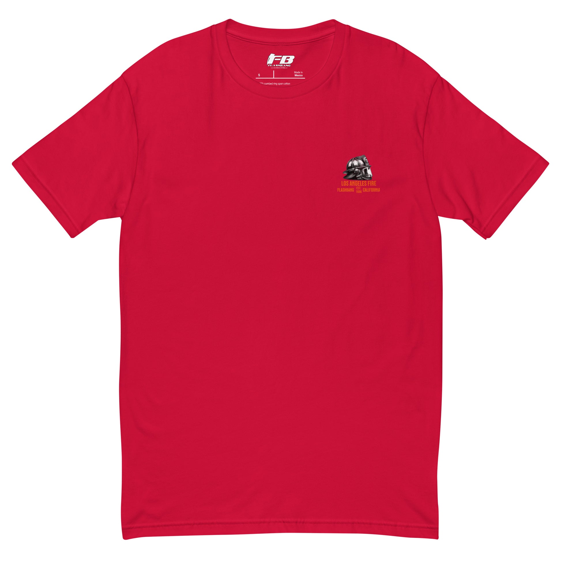 Red t-shirt with a small logo on the chest against a white background