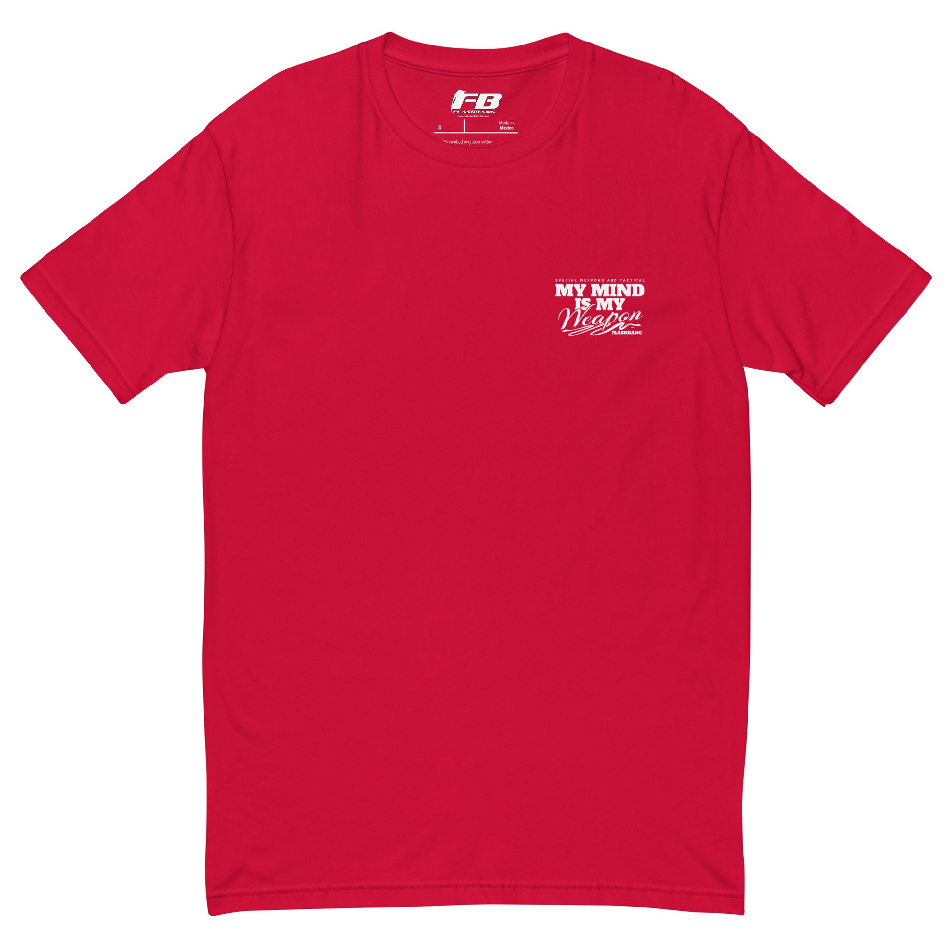 Red t-shirt with white text on a white background
