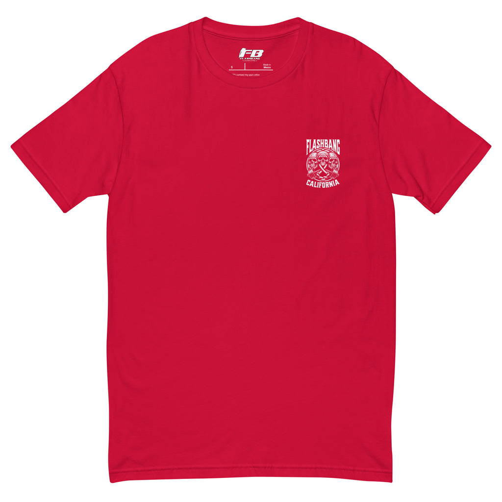 Red t-shirt with a small white logo on the chest against a white background