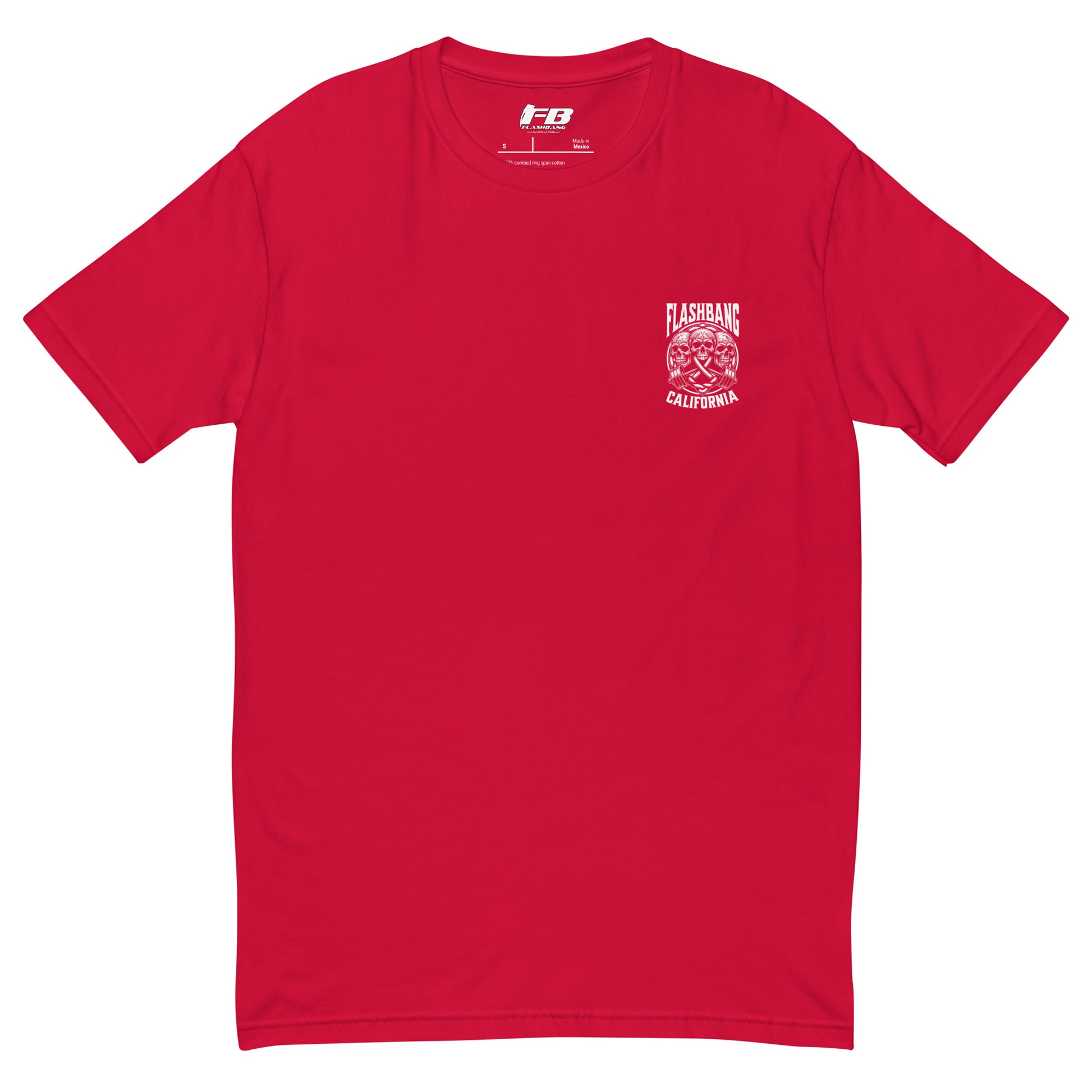 Red t-shirt with a small white logo on the chest against a white background