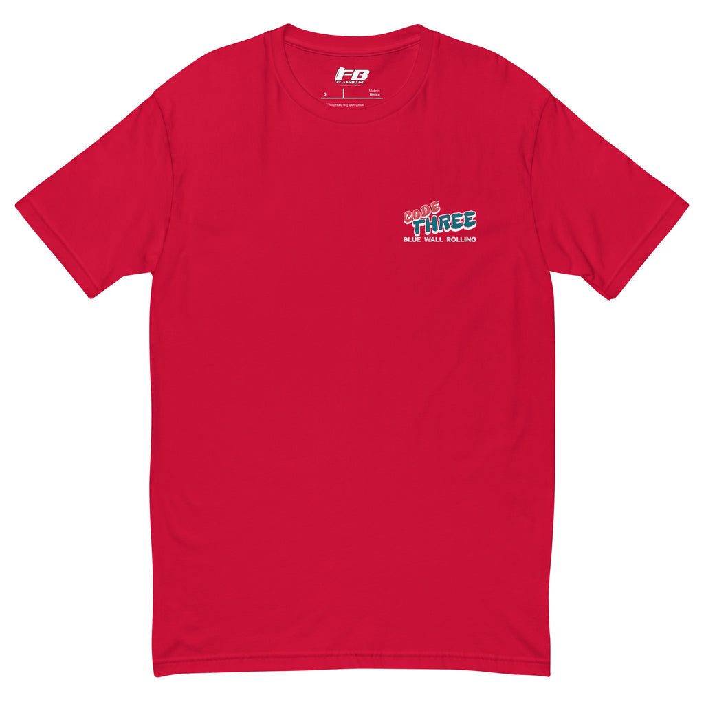 Red t-shirt with a logo on the chest against a white background