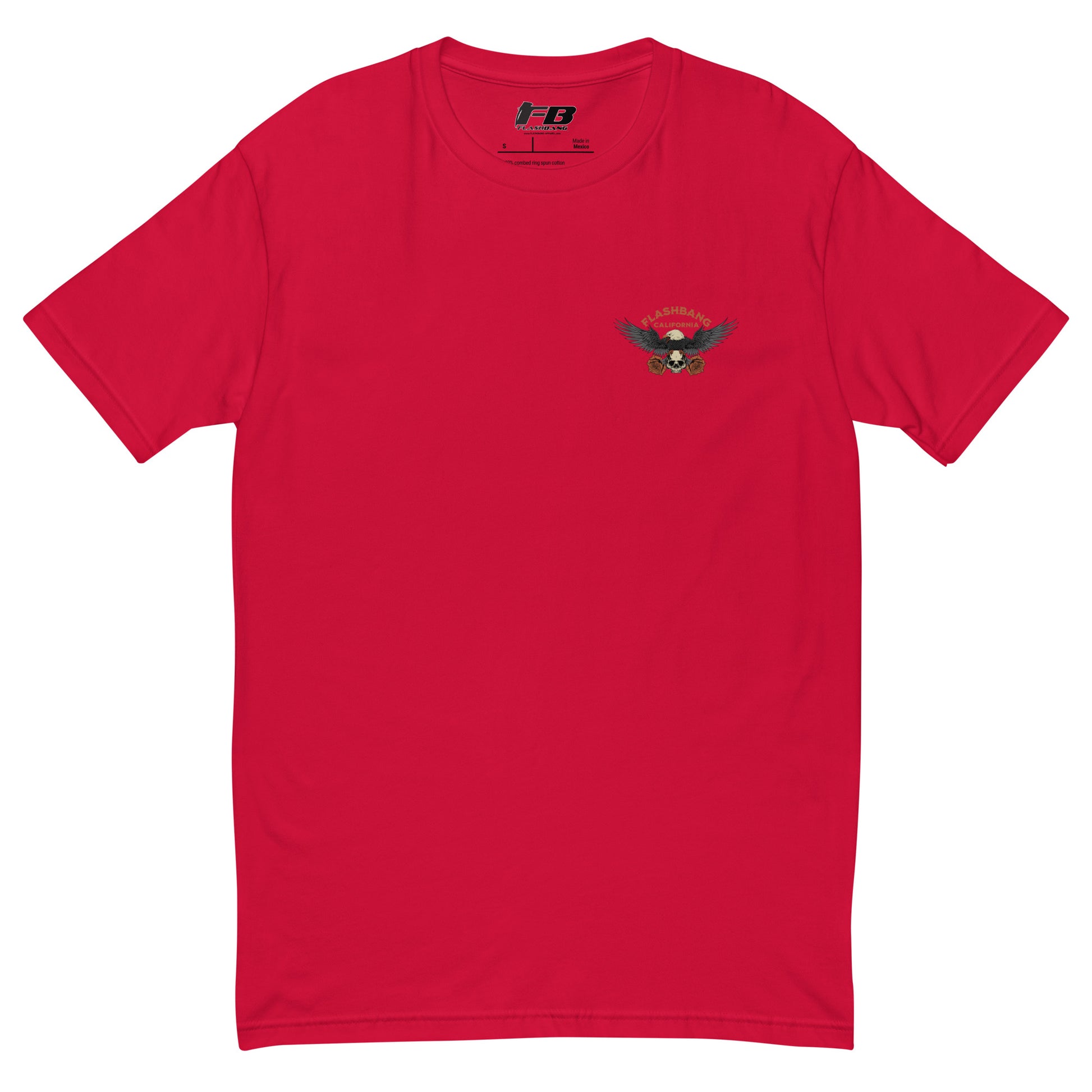 Red t-shirt with a small logo on the chest against a white background