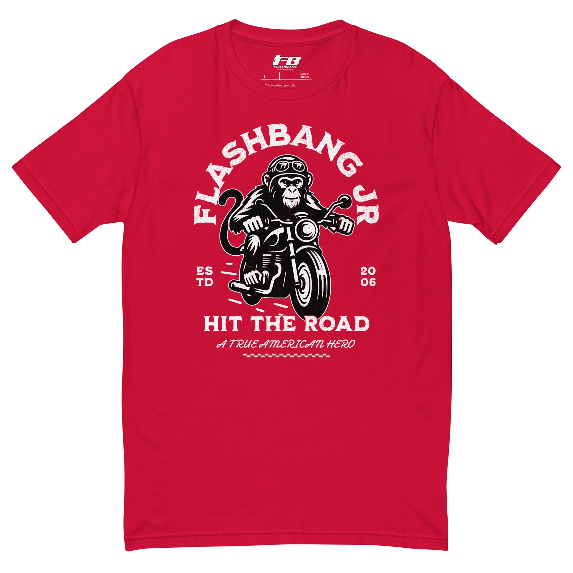 Red t-shirt with monkey on a motorcycle graphic and 'Flashbang Jr' text on a white background