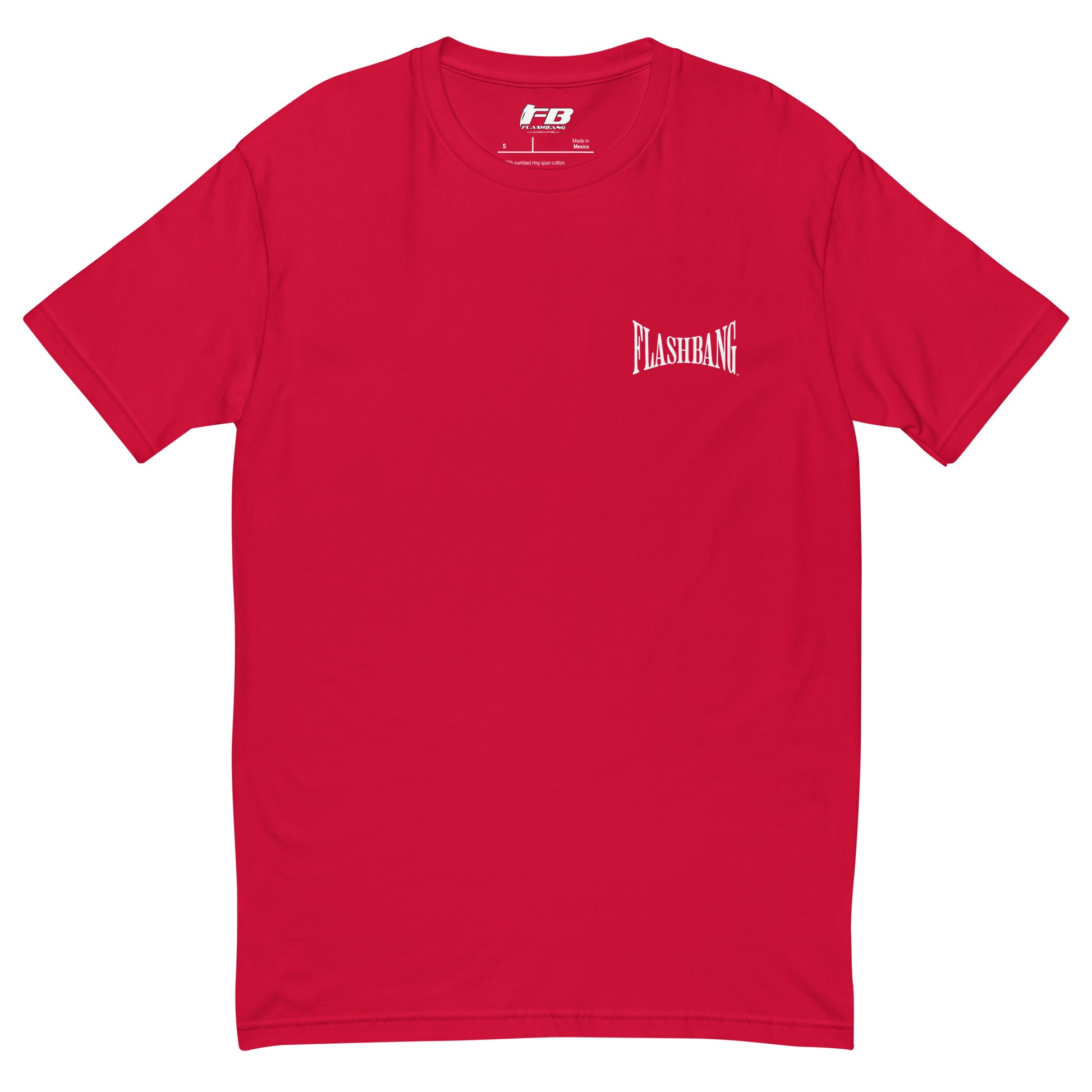 Red t-shirt with 'Flashbang' logo on a white background
