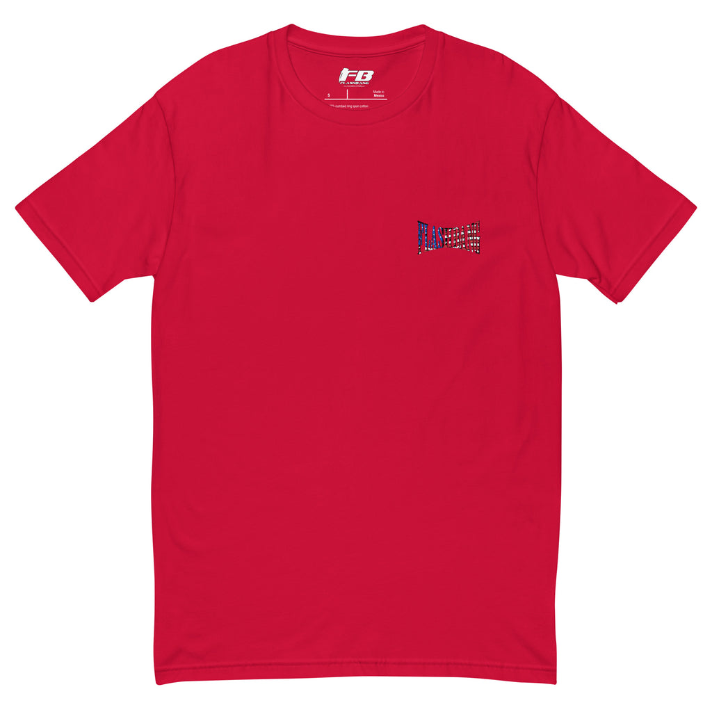 Red t-shirt with a small logo on the chest against a white background