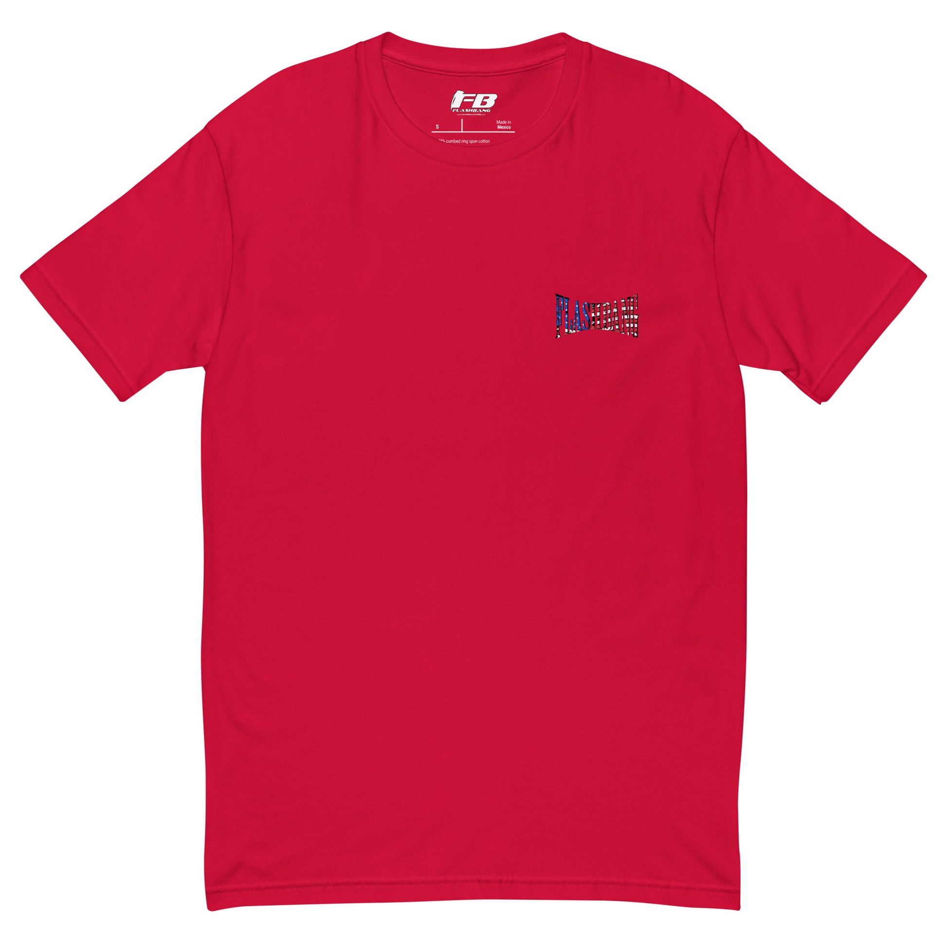 Red t-shirt with a small logo on the chest against a white background