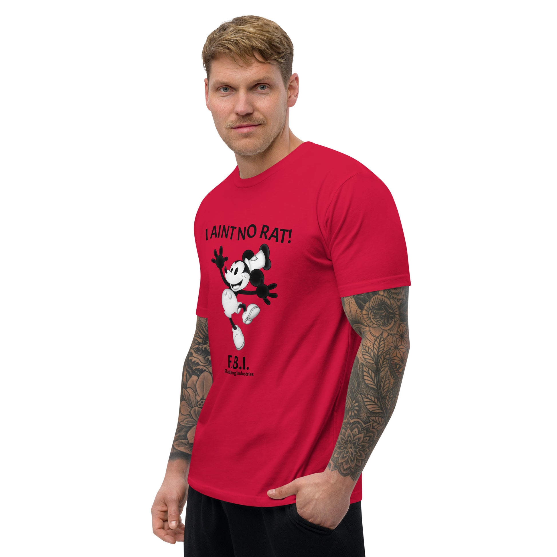 No Rat T-shirt with funny police quote and short one-liner, great for law enforcement humor and loyalty-themed apparel - Side View - Red - Model guy