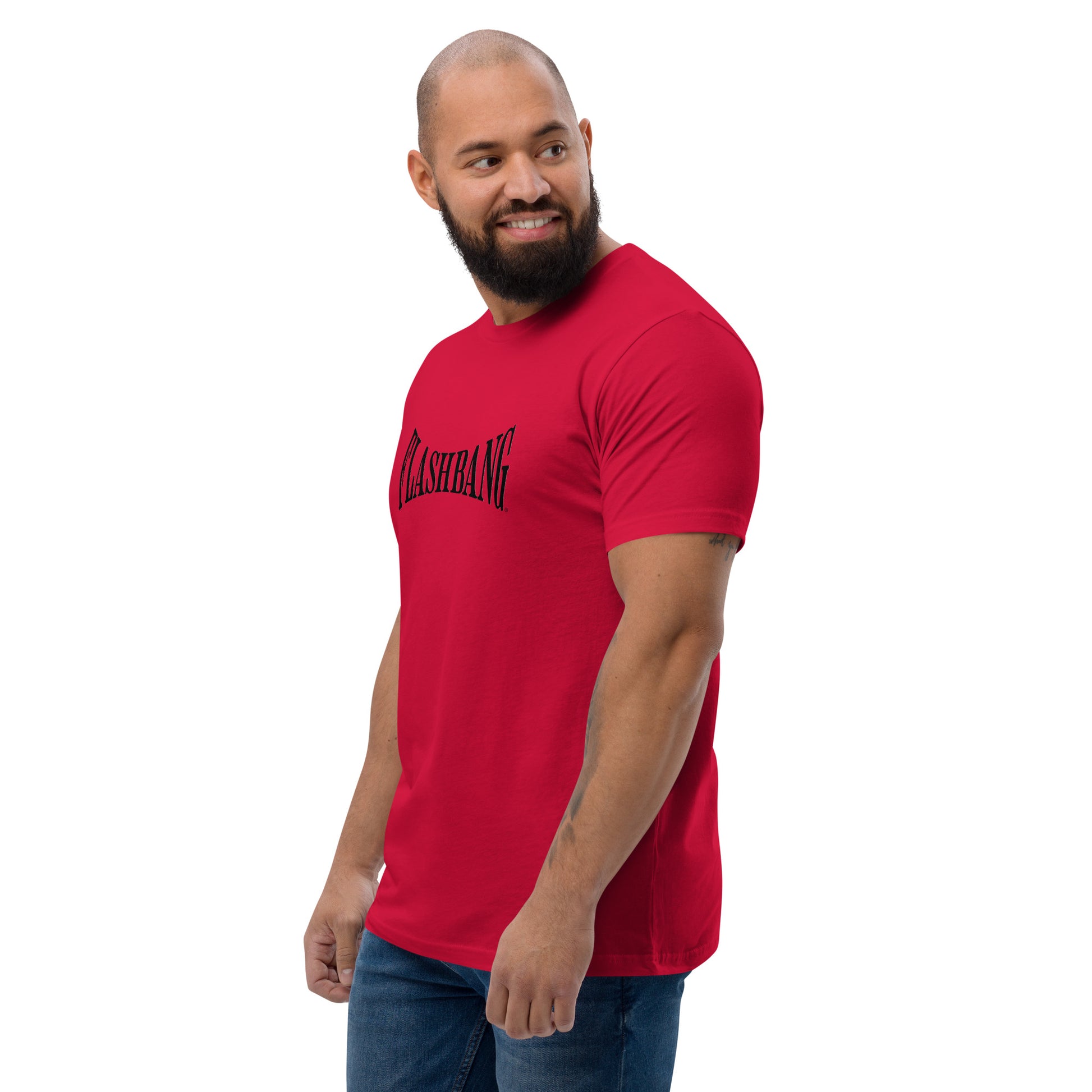 Flashbang Warp Black Logo T-shirt - Military Tribute Design for Veterans and Patriotic Supporters - Side View -  Red - Model Guy