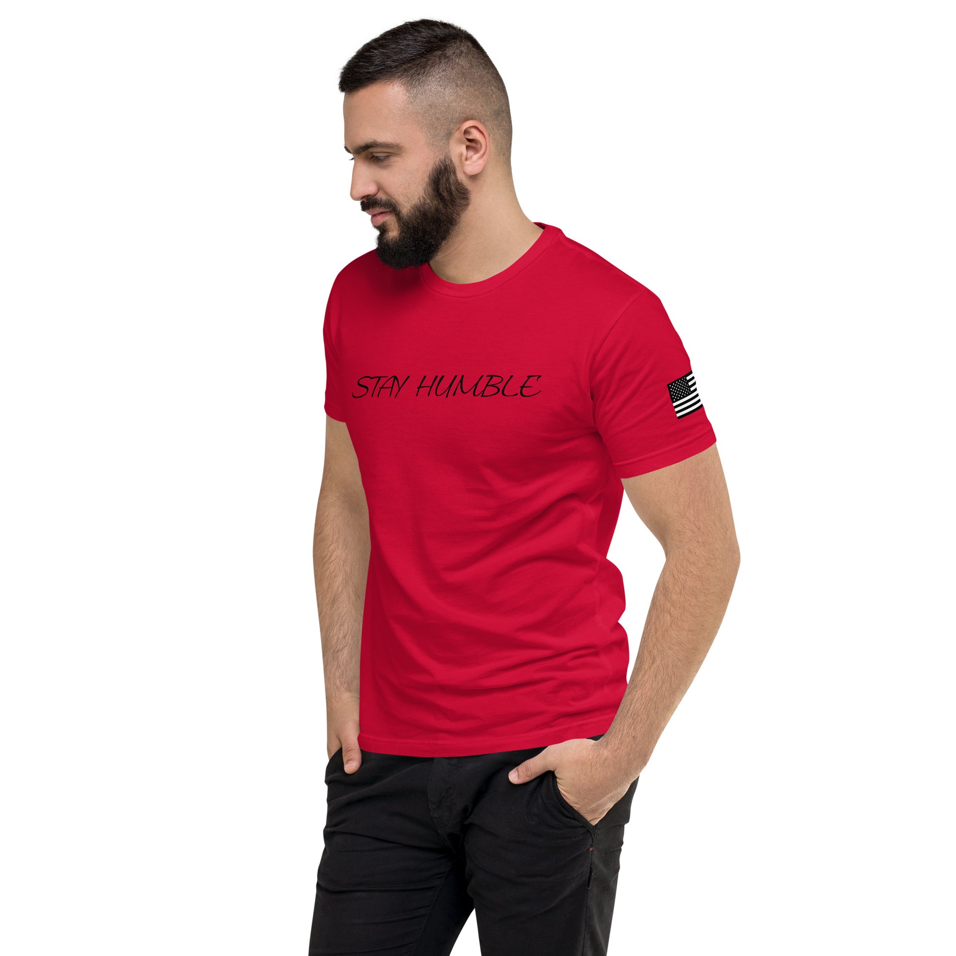 Stay Humble T-shirt with black writing with american flag on sleeve - Front View - Red - Model Guy