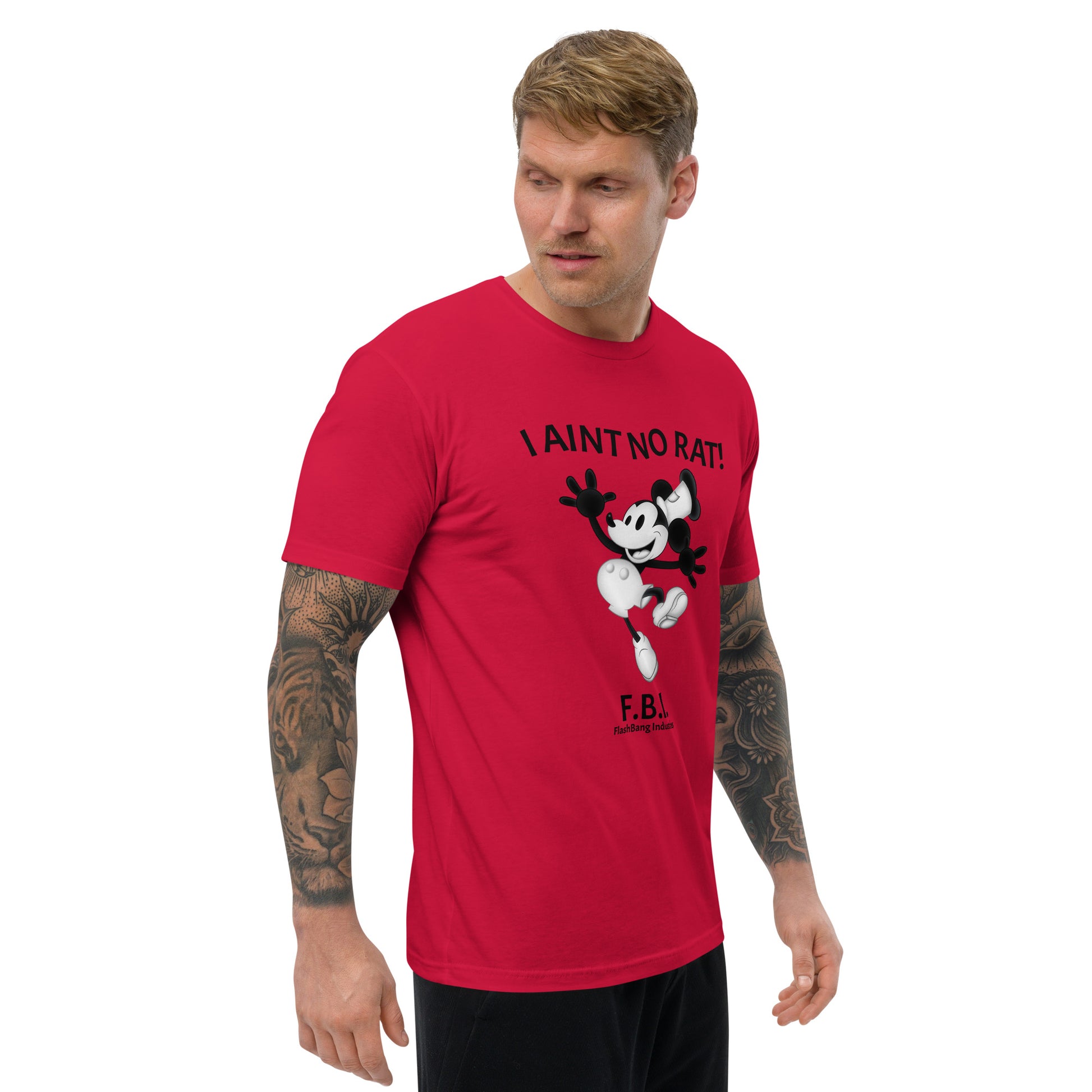 No Rat T-shirt with funny police quote and short one-liner, great for law enforcement humor and loyalty-themed apparel - Front-Back View - Red - Model Guy