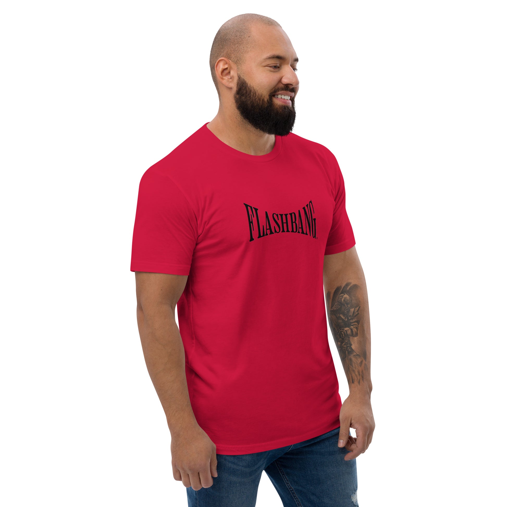 Flashbang Warp Black Logo T-shirt - Military Tribute Design for Veterans and Patriotic Supporters - Side View -  Red