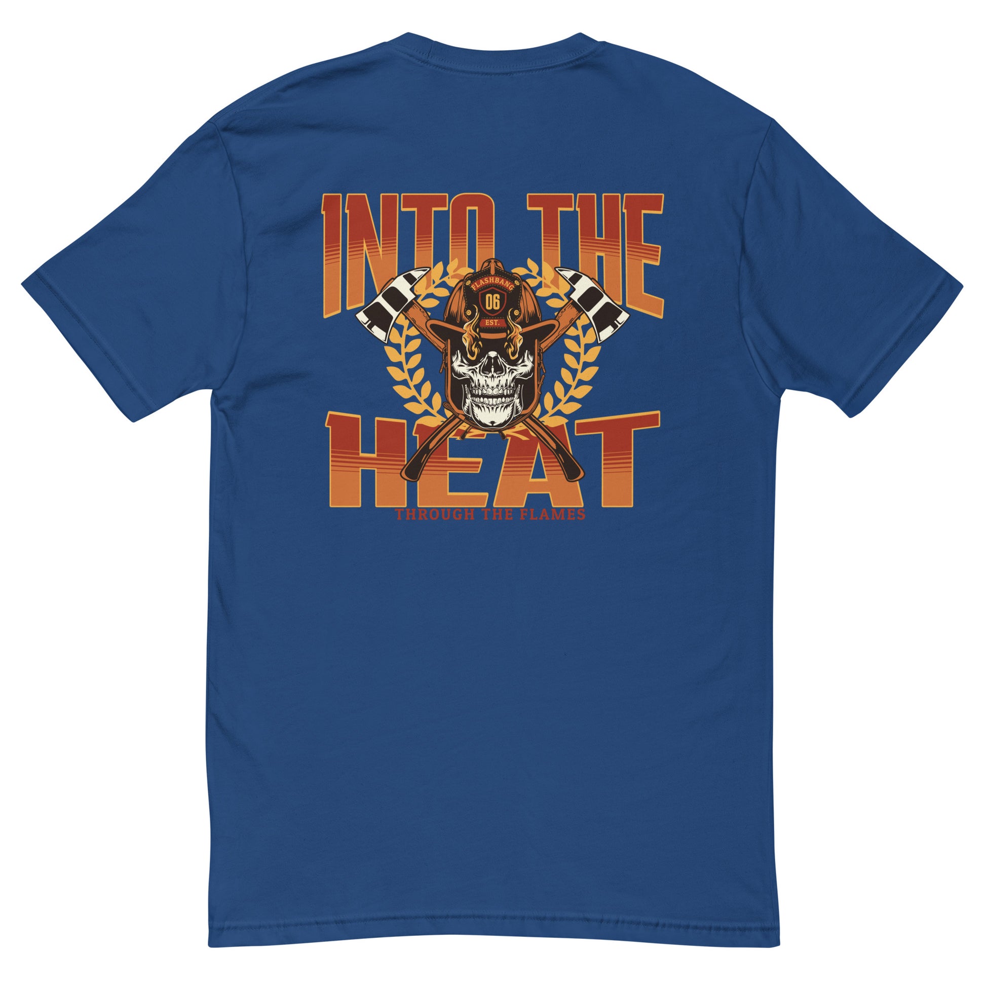 Into The Heat T-shirt with firefighter skull graphic, perfect for brave men who love firefighter apparel - Back View - Royal Blue