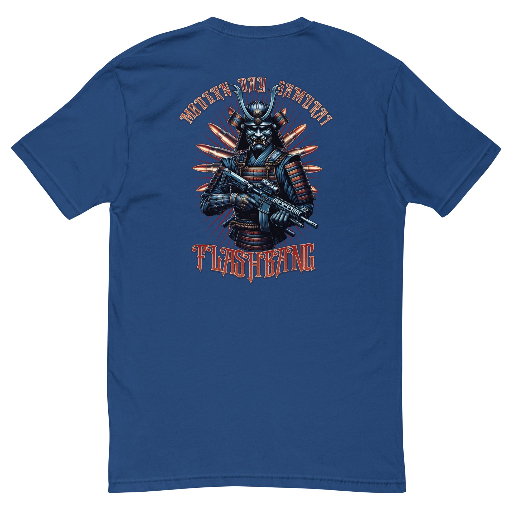 Modern Day Samurai T-shirt featuring a bold samurai graphic, designed for men who admire samurai culture and warrior strength - Back View - Royal Blue with Flashbang Text