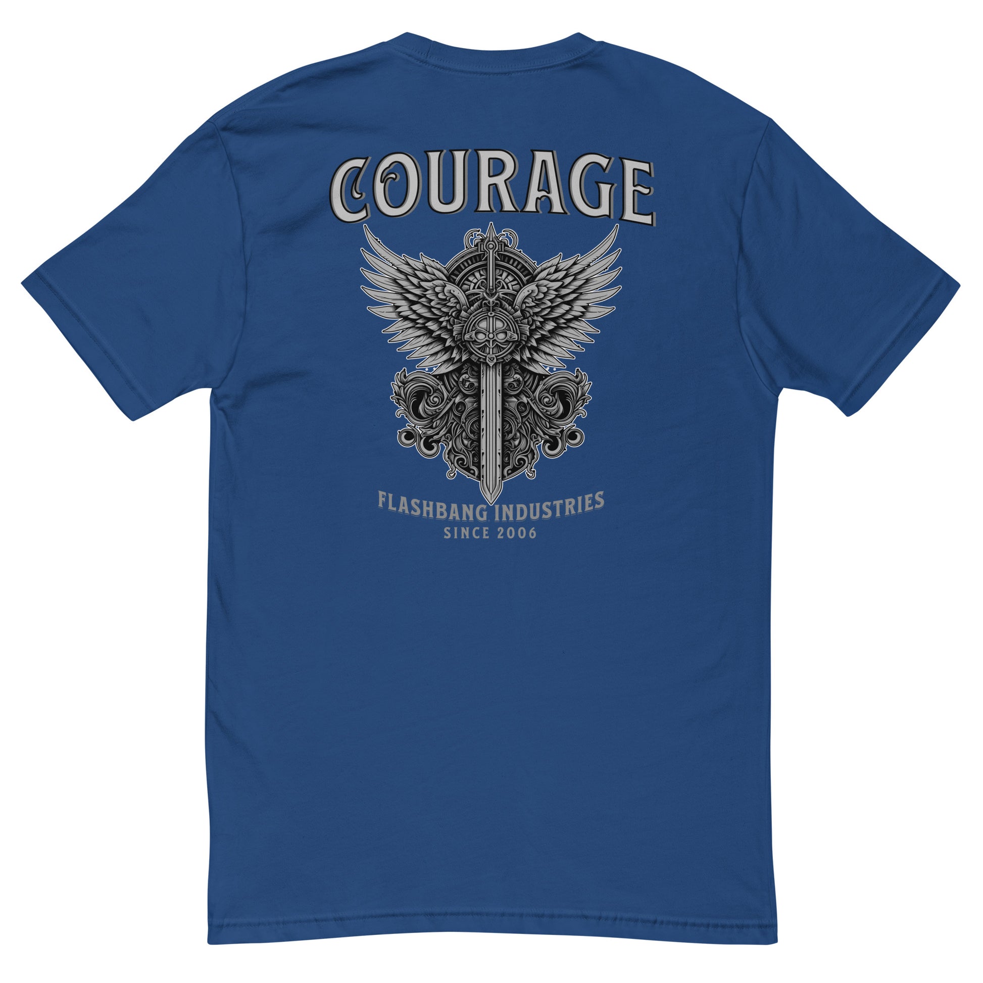 Courage warrior t-shirt with sword and wings graphic, honoring brave troops and soldiers with rugged style and bold military inspiration - Back View - Midnight Navy