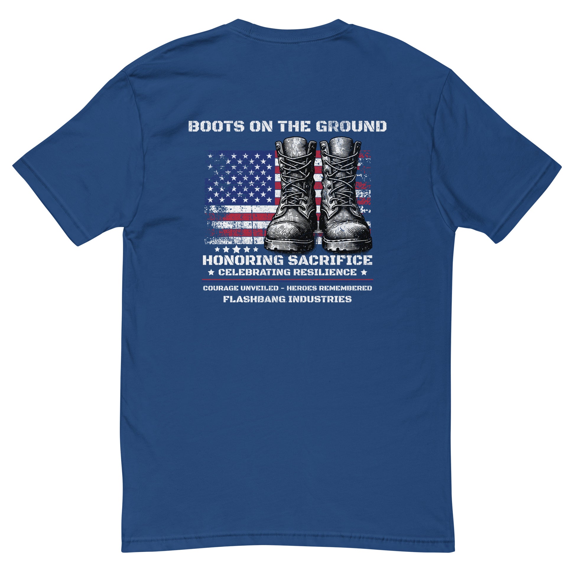 Boots On The Ground T-shirt for men – Inspired by patriot military style and pairs great with USA flag cowboy boots - Back View - Royal Blue