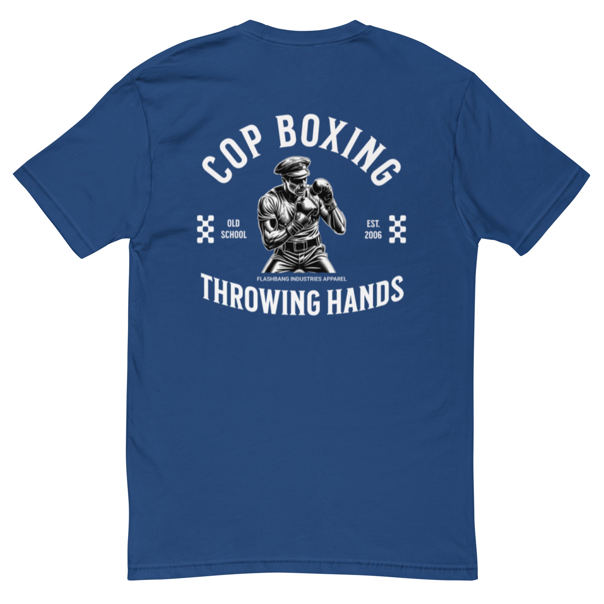 Cop Boxing T-shirt with police graphic design, perfect for men who want a bold and durable cop tee with boxing theme - Back View - Royal Blue