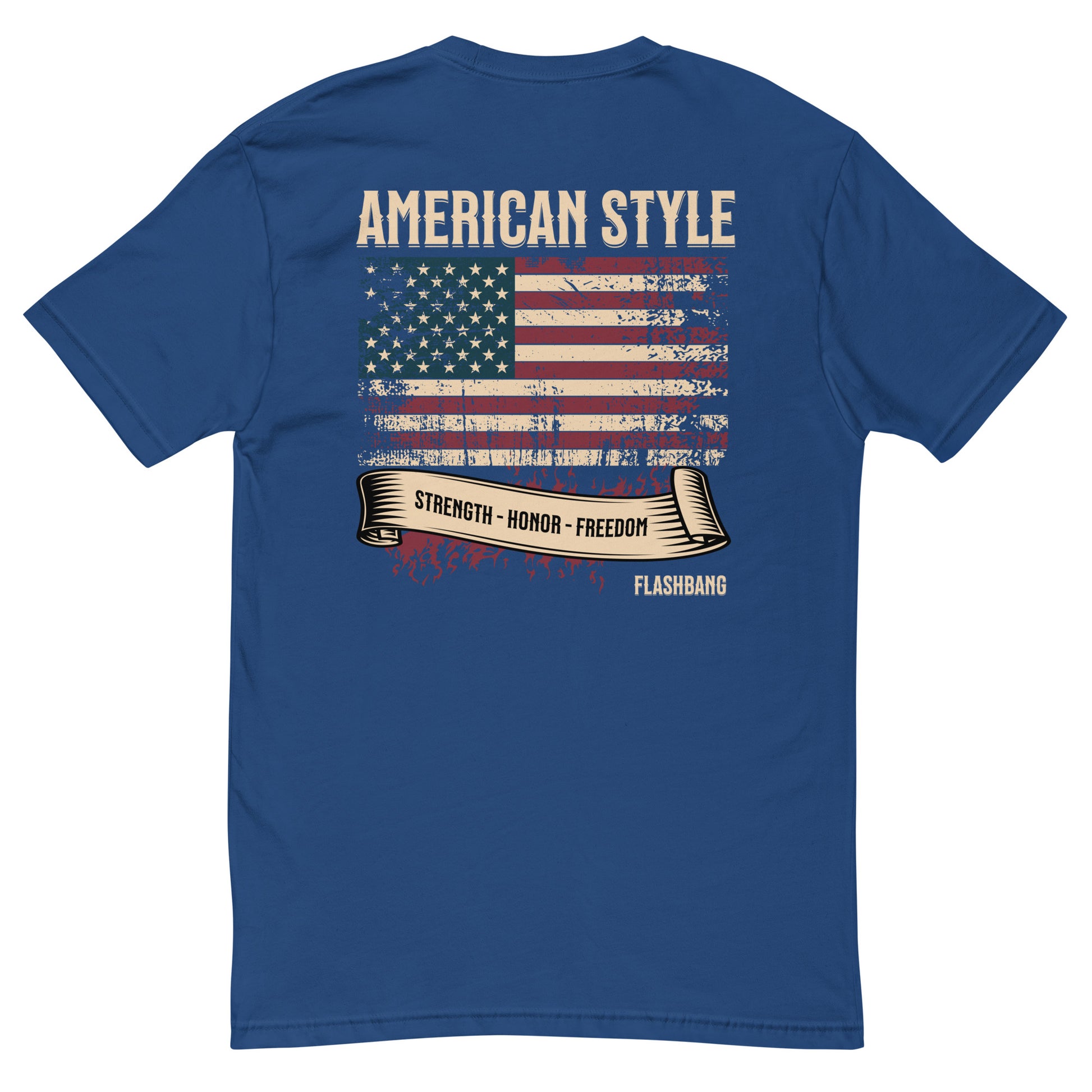 American Style T-shirt featuring USA flag and Strength Honor Freedom message, designed for veterans and patriots - Back View - Royal Blue