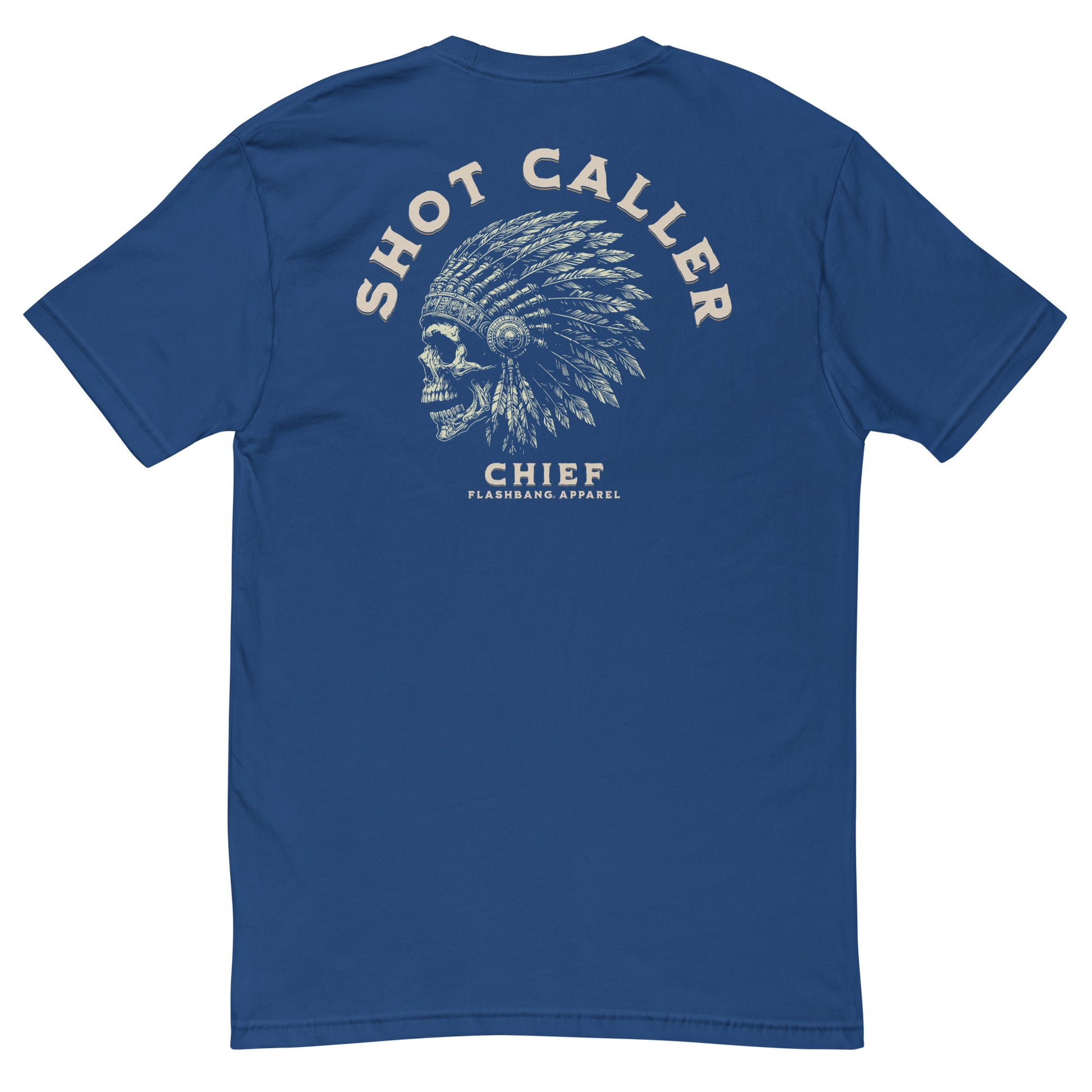 Shot Caller T-shirt featuring a skull design, honoring police and military veterans with durability and comfort.- Back View - Royal Blue