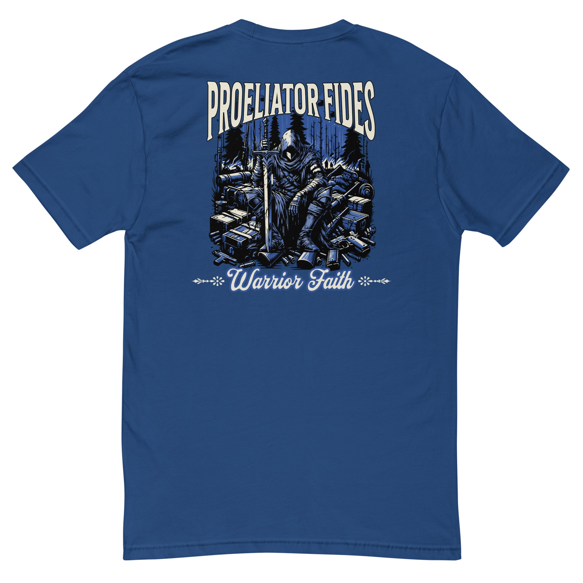 Warrior Faith T-shirt featuring a fighter graphic, symbolizing strength, resilience, and honor, perfect for veterans and those who serve - Back View - Royal Blue