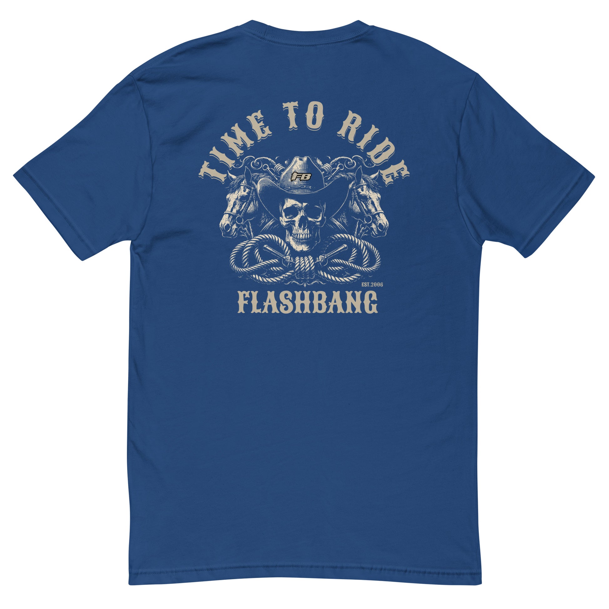 Time to Ride T-shirt with cowboy skull and horse graphic, perfect for men who love Western-style shirts and rugged, durable apparel - Back View - Royal Blue
