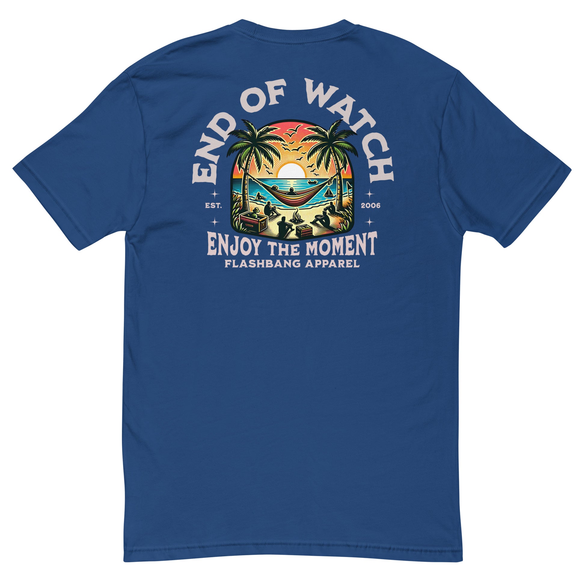 End of Watch T-shirt with palm tree design and summer beach vibes - Back View - Royal Blue