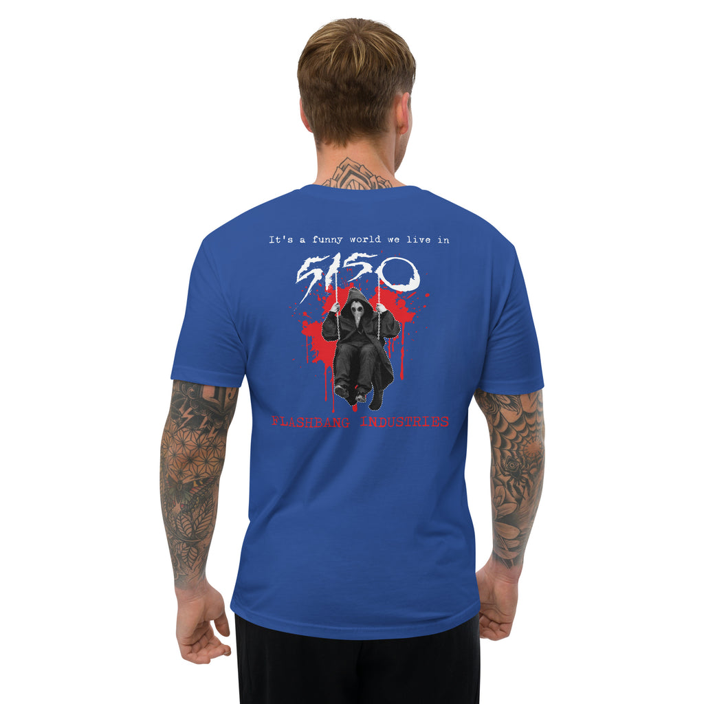 Funny World 5150 T-shirt honoring mental health awareness - Back View - Royal Blue - Model Guy