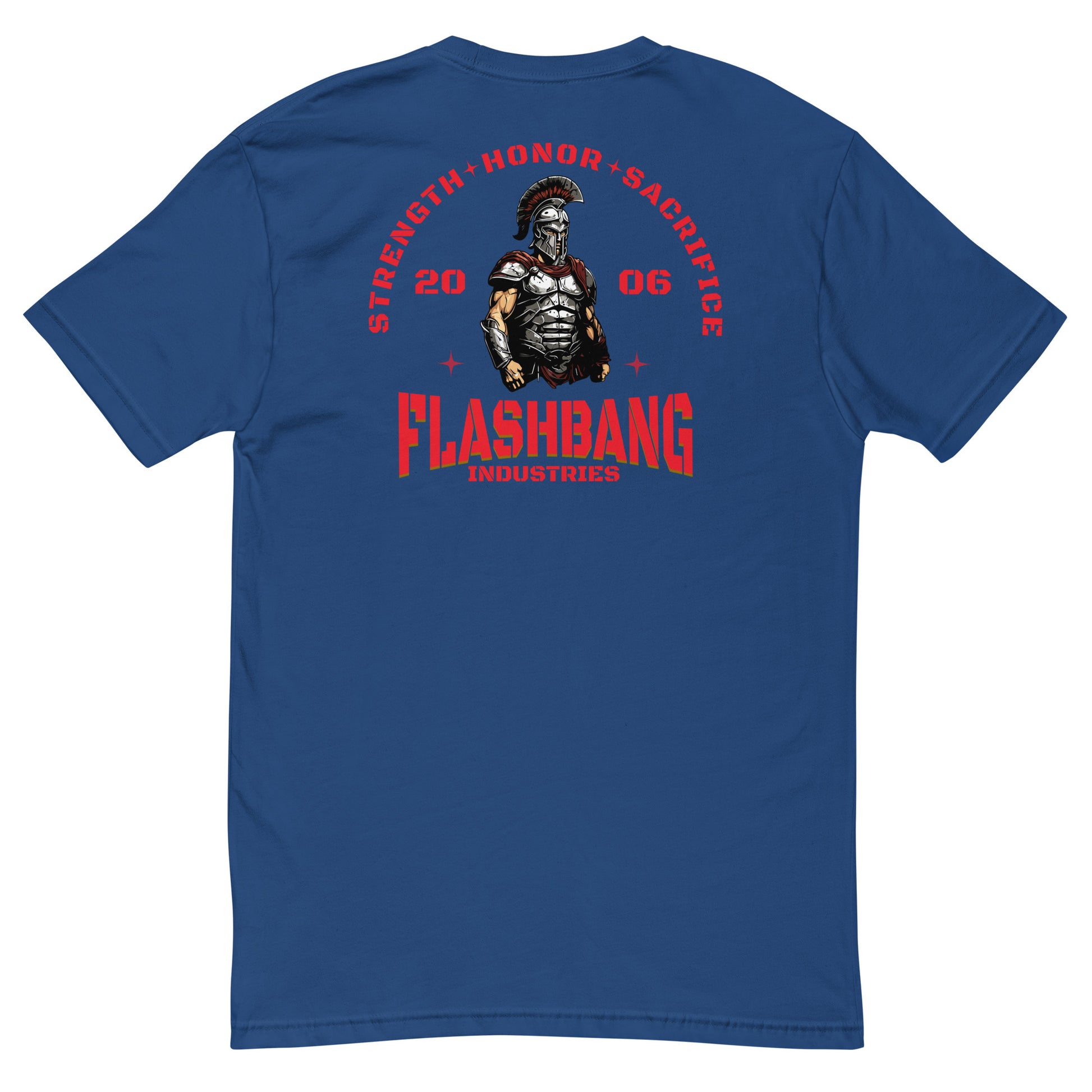 Blue t-shirt with graphic design and text on the back, featuring a warrior figure and 'Flashbang Industries' branding.