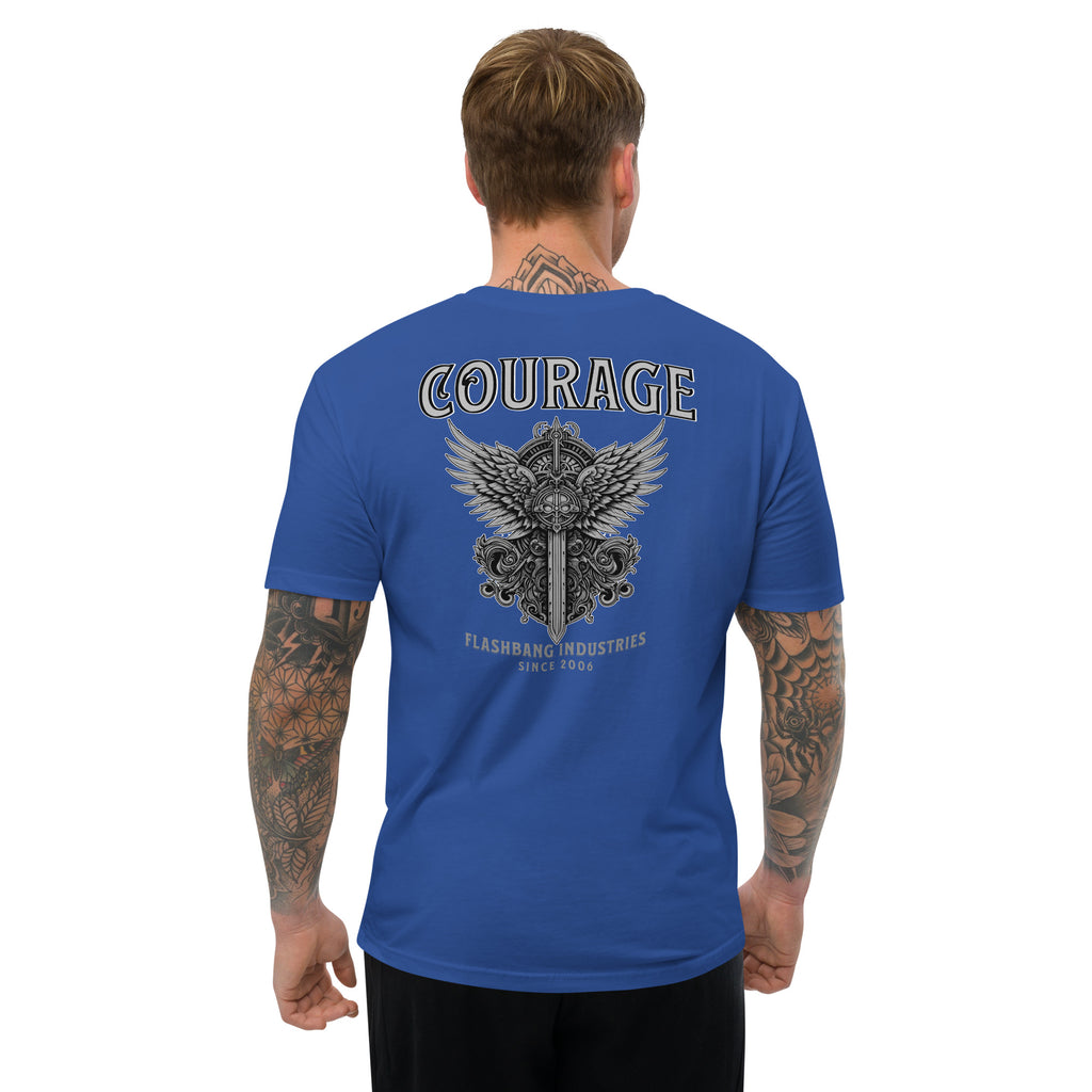 Courage T-shirt with sword and wings graphic, honoring brave soldiers - Back View - Royal Blue - Model Guy