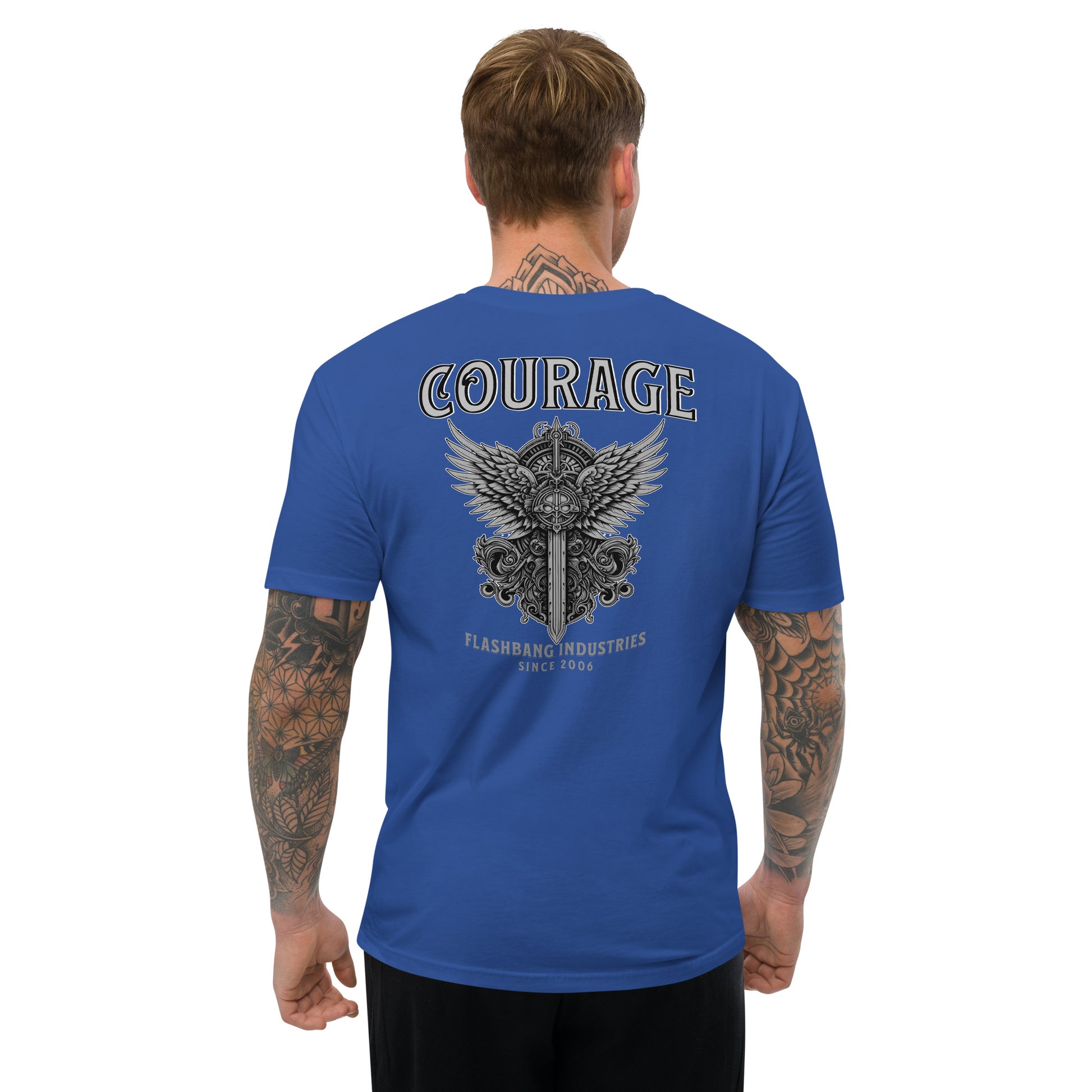 Courage T-shirt with sword and wings graphic, honoring brave soldiers - Back View - Royal Blue - Model Guy
