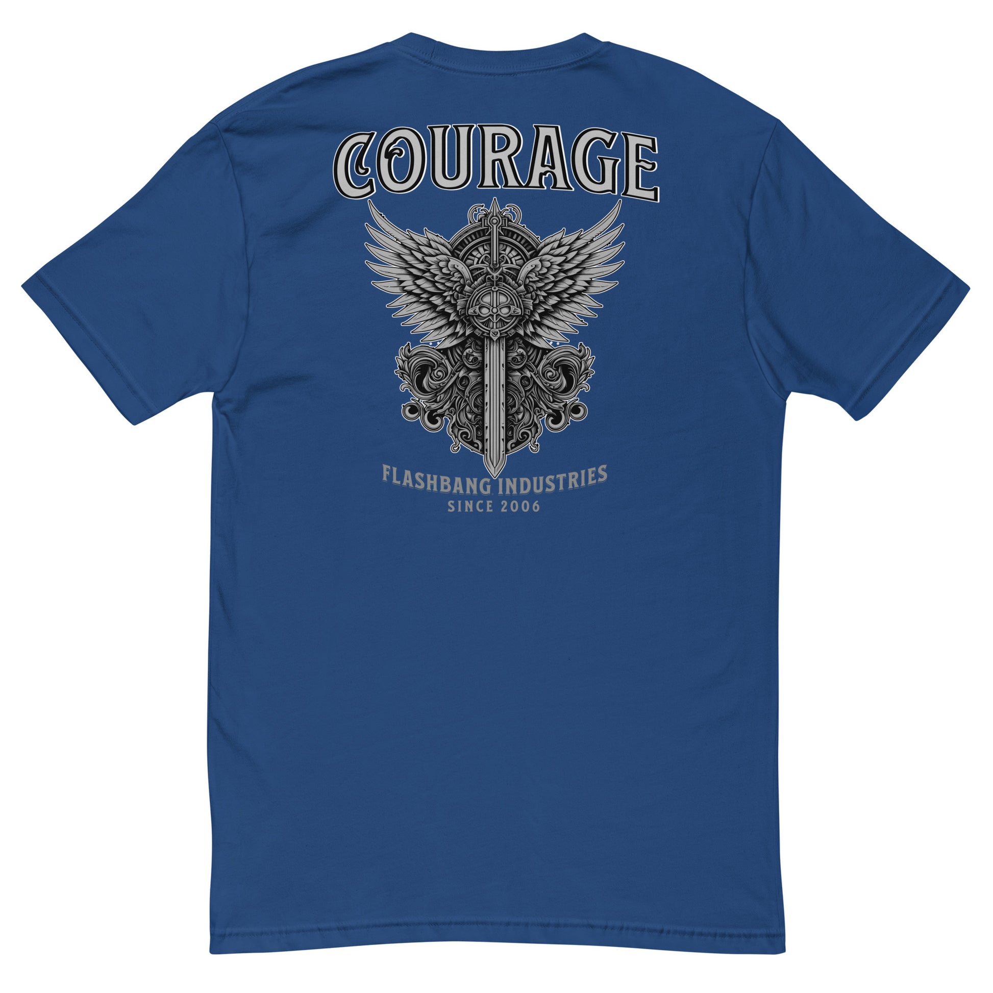 Courage T-shirt with sword and wings graphic, honoring brave soldiers - Back View - Royal Blue