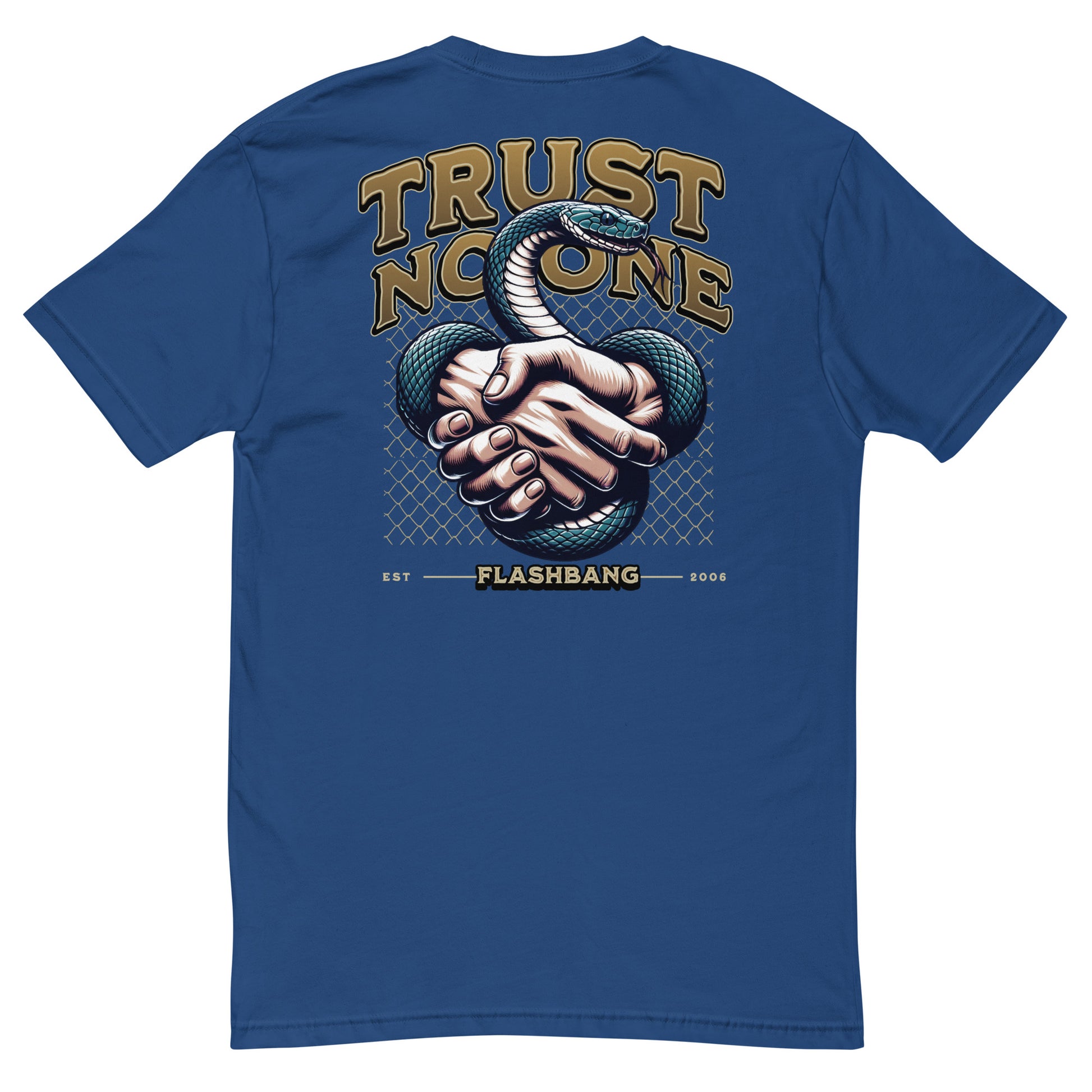 Trust No One T-shirt with bold graphic design featuring a snake and handshake - Back View - Royal Blue