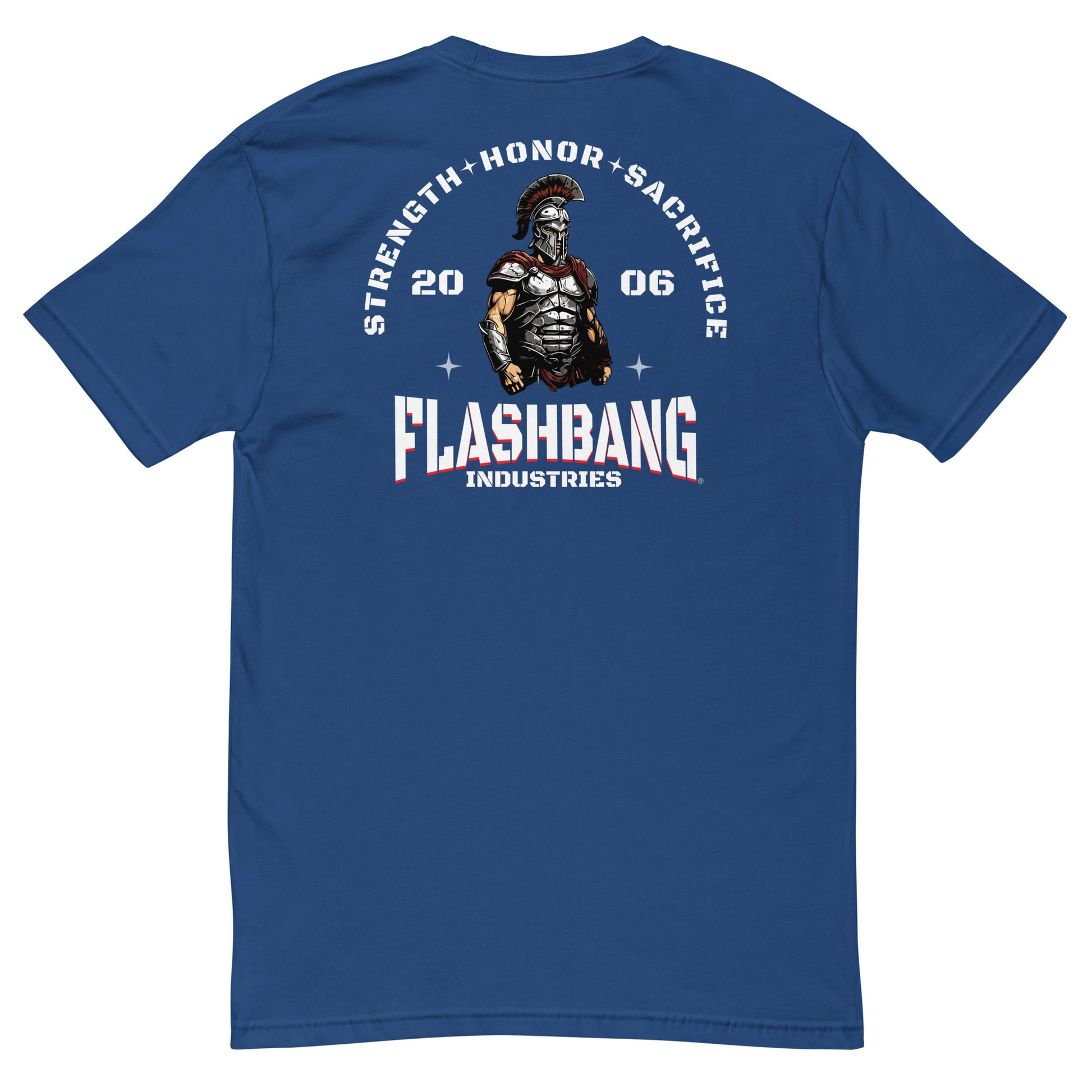 Blue t-shirt with graphic design and text on a white background