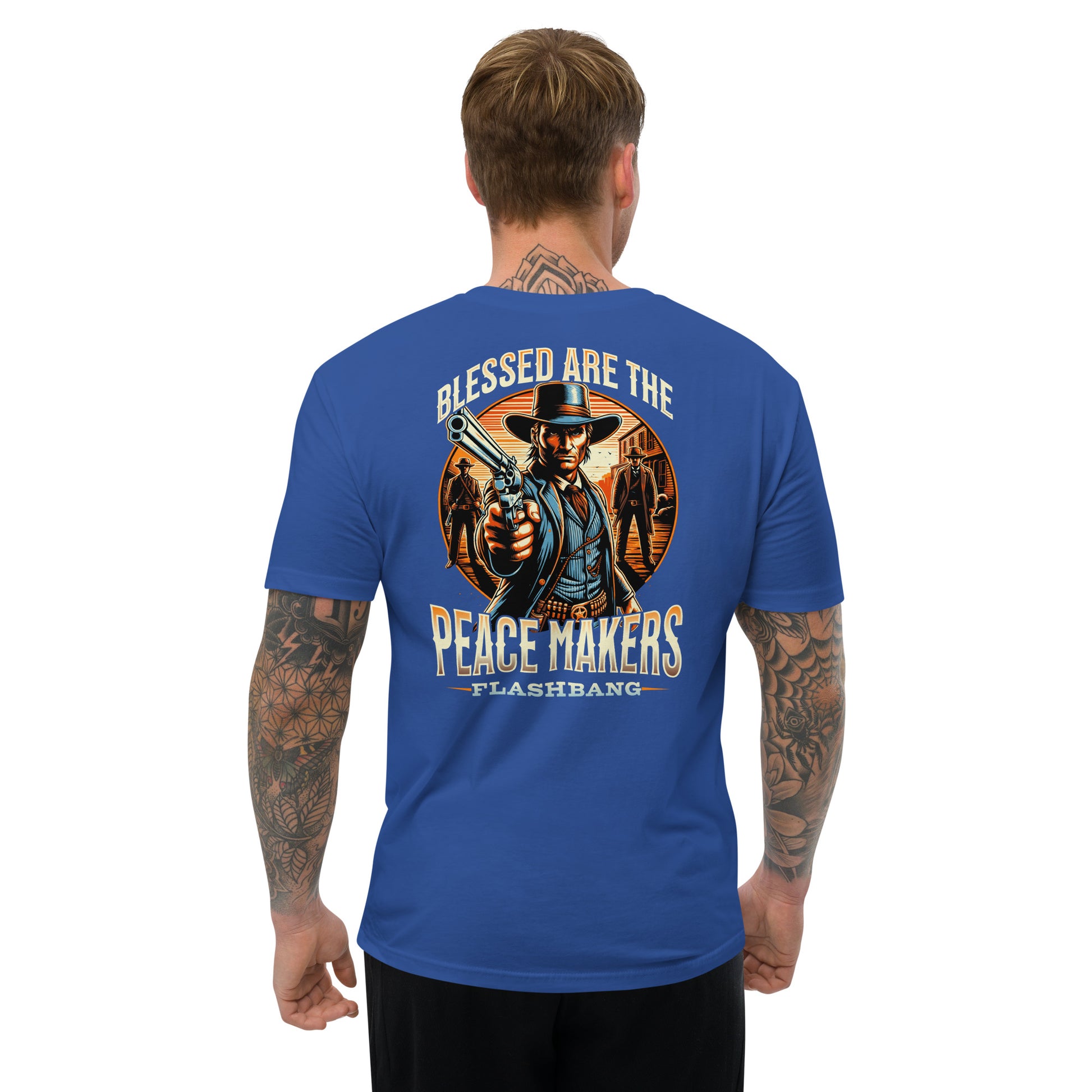 Blessed Are The Peacemakers T-shirt featuring a cowboy graphic, honoring peacekeepers with a bold western design for men - Back View - Royal Blue - Model Guy