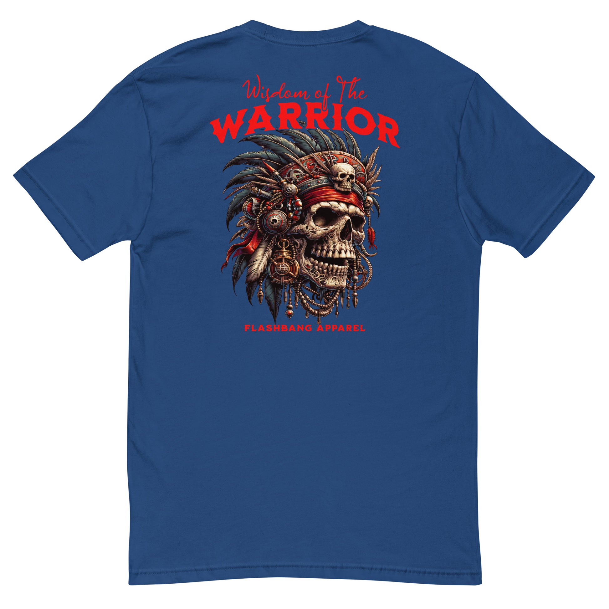 Graphic t-shirt featuring a tribal warrior skull with feathers, gothic design - Back View - Royal Blue