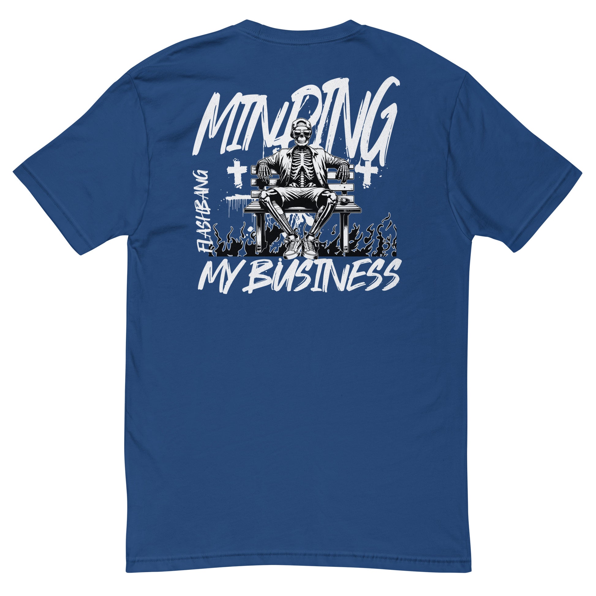 Blue t-shirt with a skeleton graphic and text on the back against a white background
