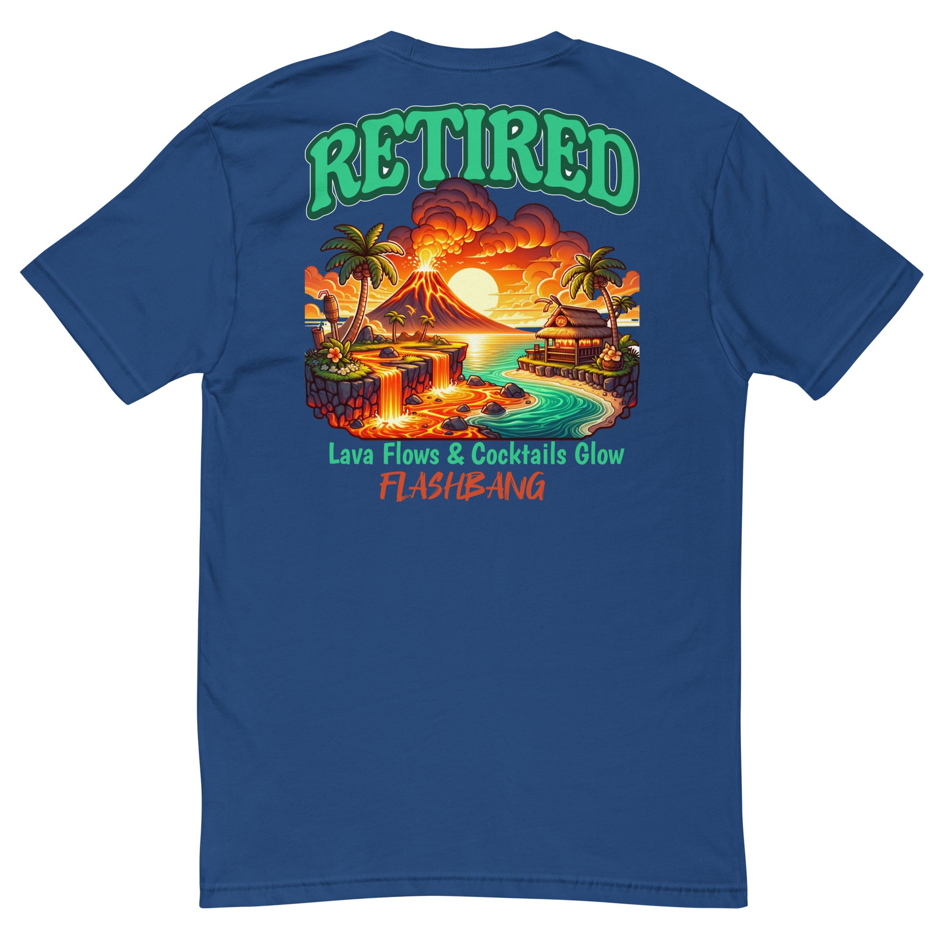 Blue t-shirt with a colorful graphic and text on the back