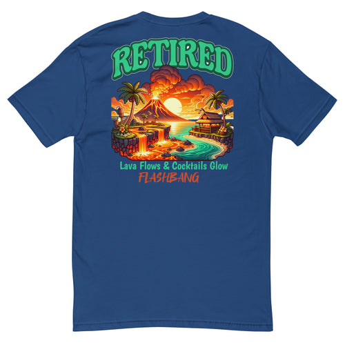 Blue t-shirt with a colorful graphic and text on the back