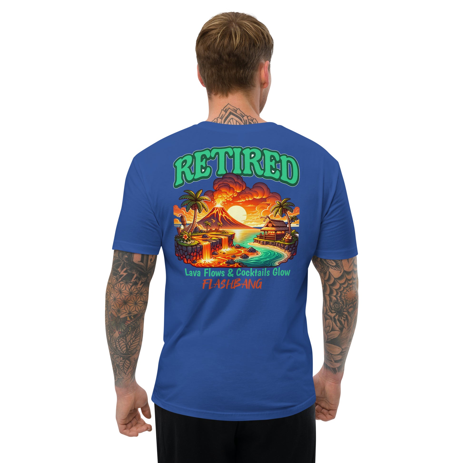 Man wearing a blue t-shirt with a colorful graphic and 'Retired' text on the back.