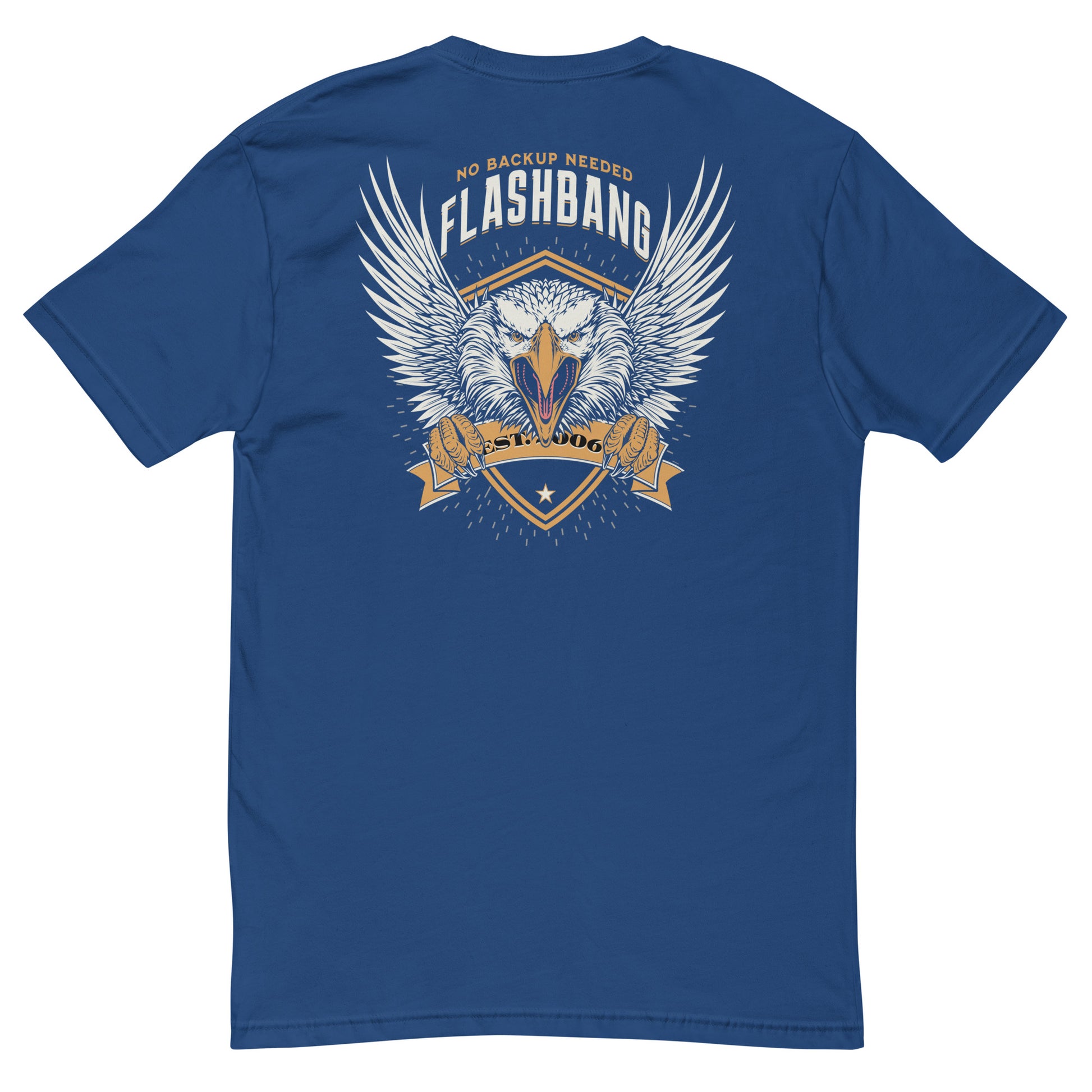 Blue t-shirt with an eagle graphic and 'Flashbang' text on a white background