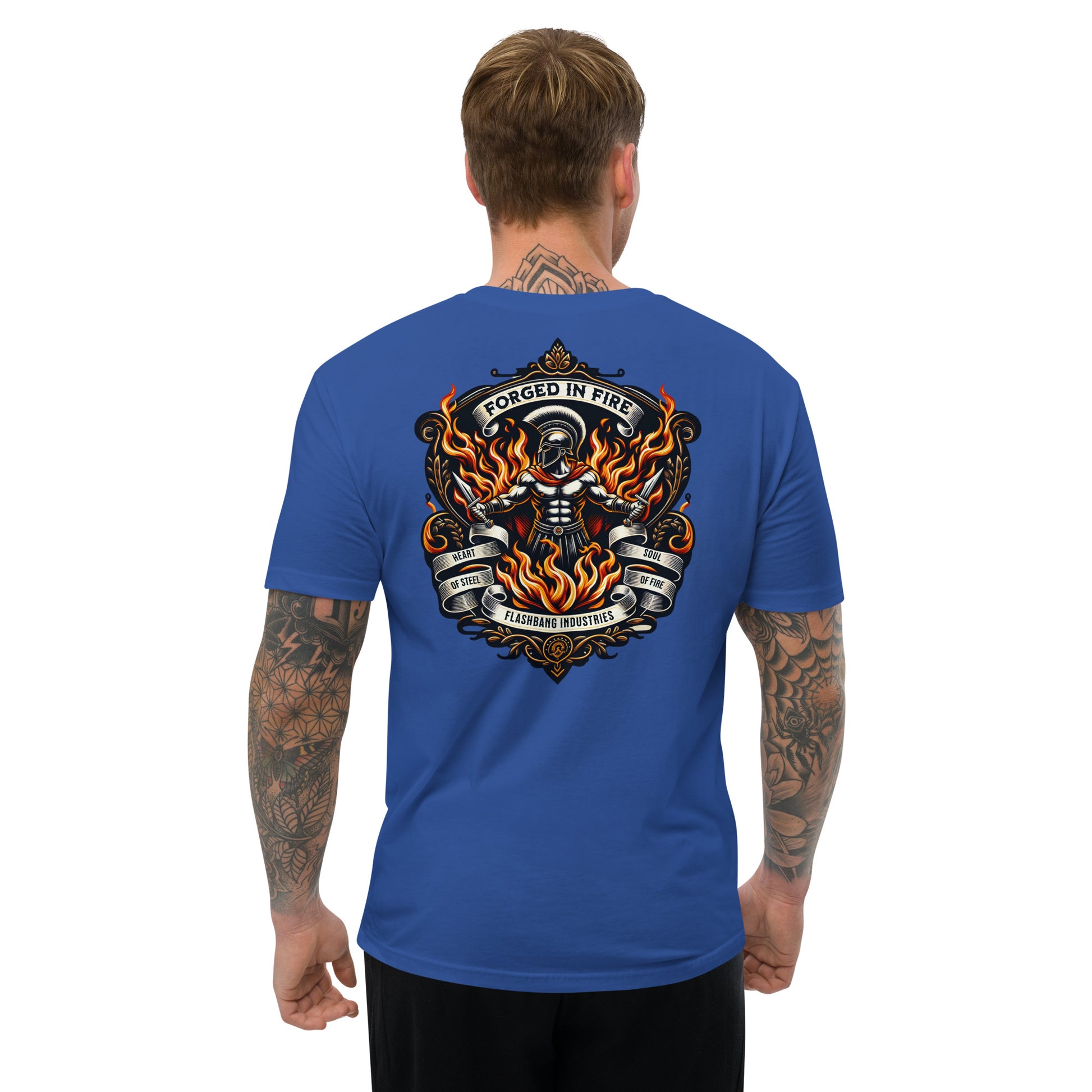Forged in Fire Lite T-shirt featuring Spartan graphic, ideal for firefighters and those who embody strength and courage - Back View - Royal Blue - Model Guy